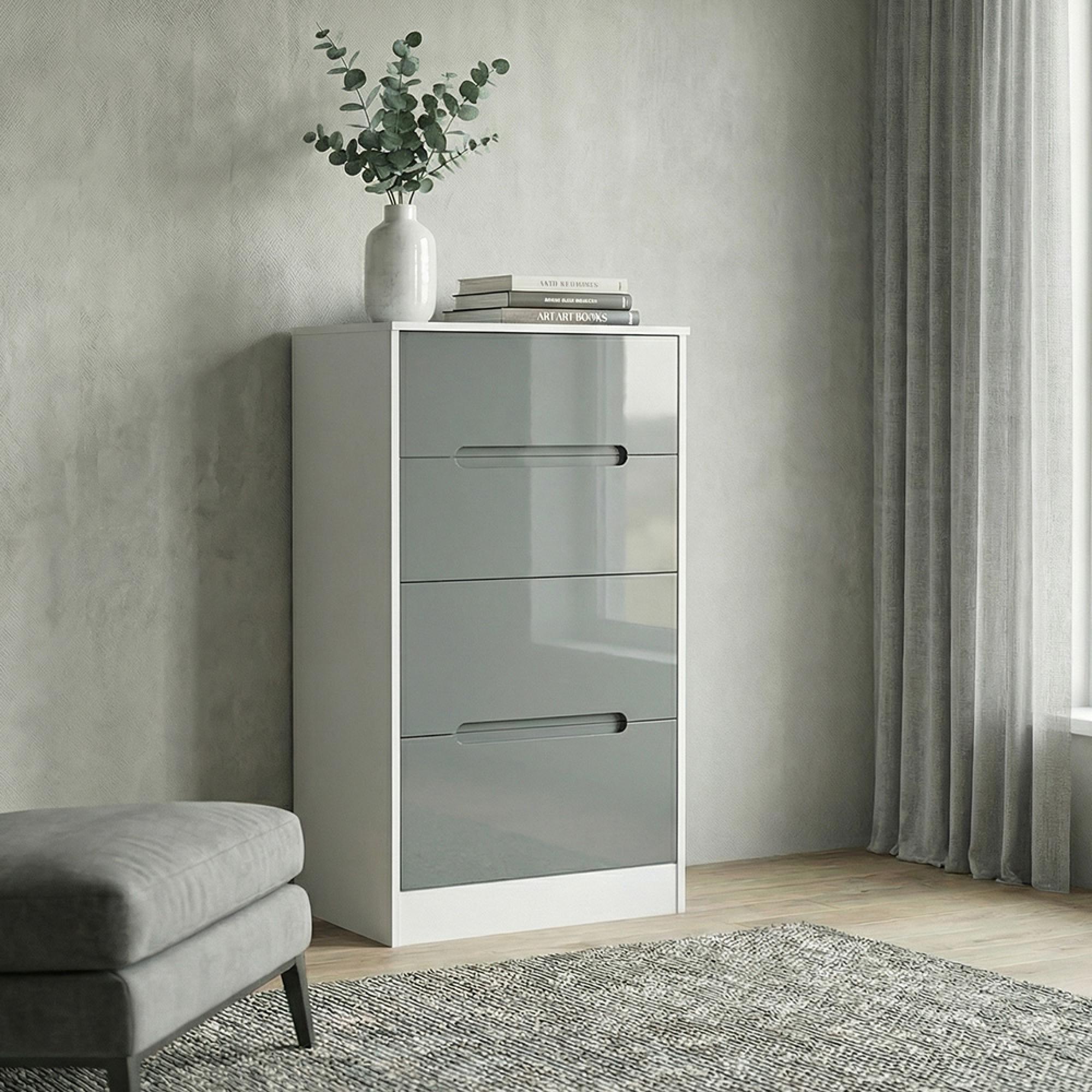 Monaco Chest - Deep Midi - 4 Drawer - Grey Gloss and White