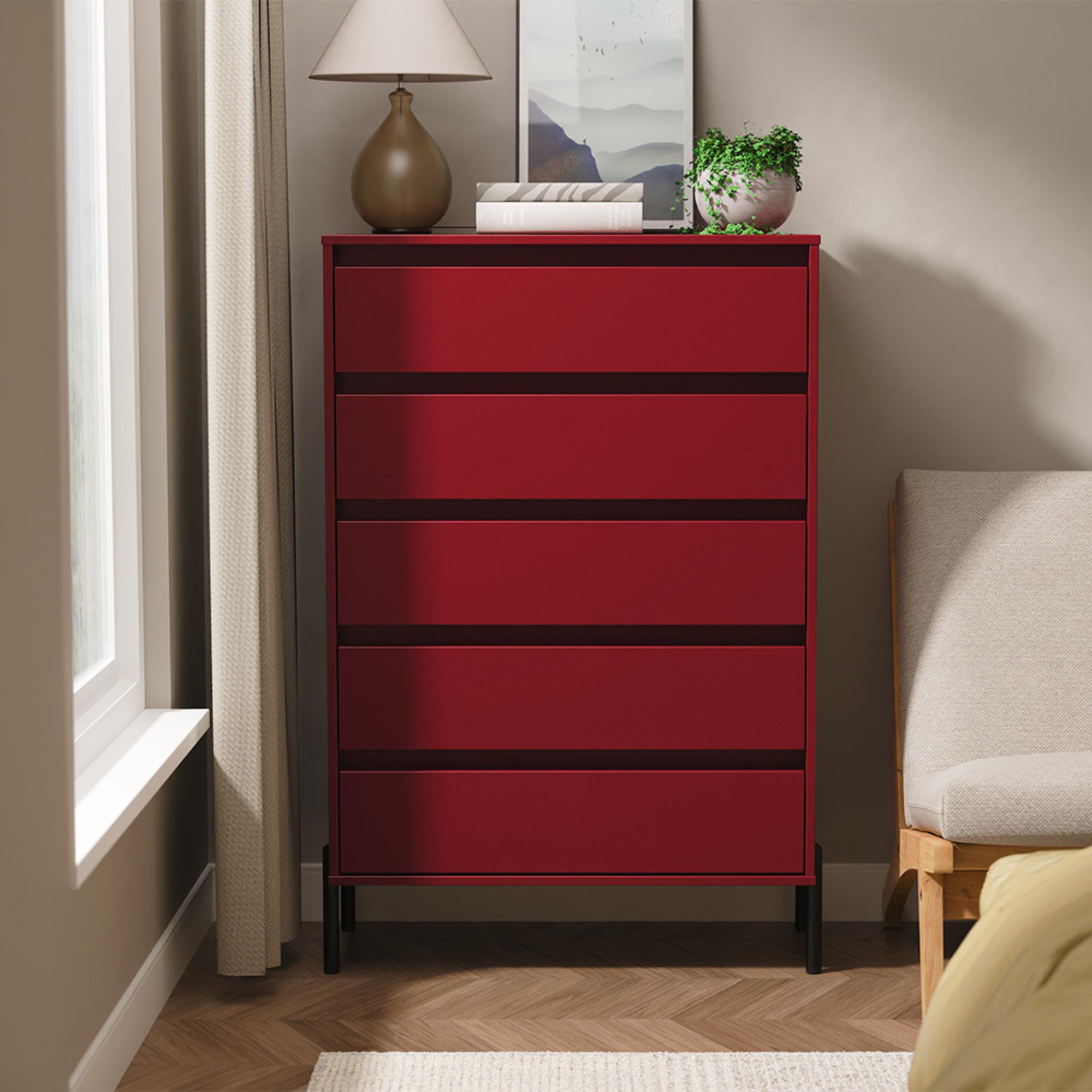 Leona Chest - 5 Drawer - Wide - Red Matt