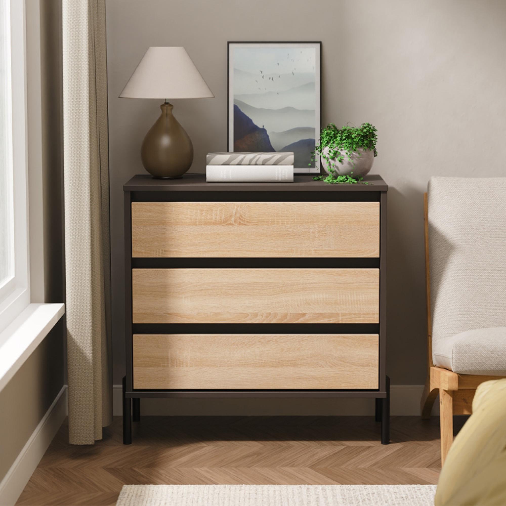 Leona Chest - 3 Drawer - Bardolino Oak and Graphite