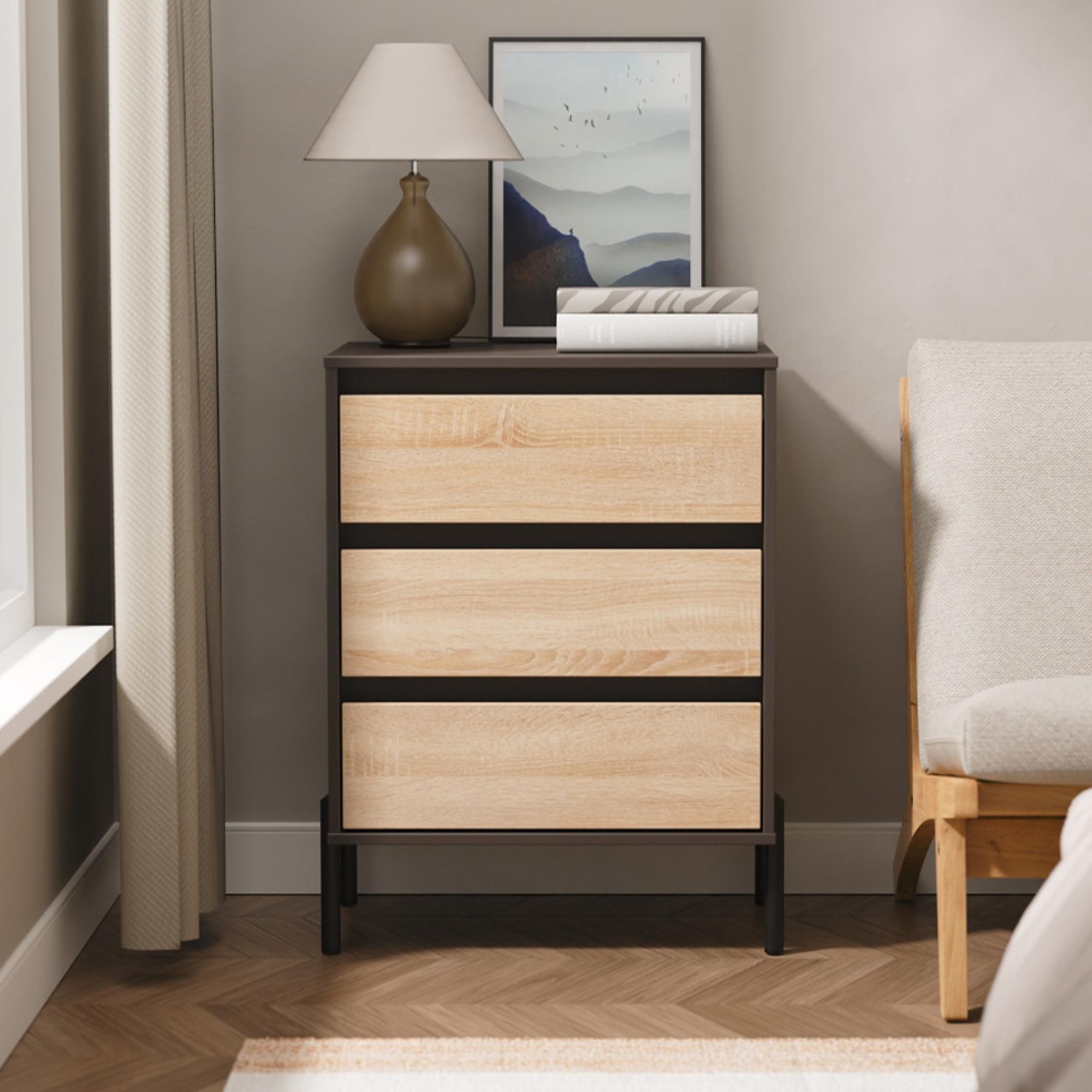 Leona Chest - 3 Drawer - Midi - Bardolino Oak and Graphite