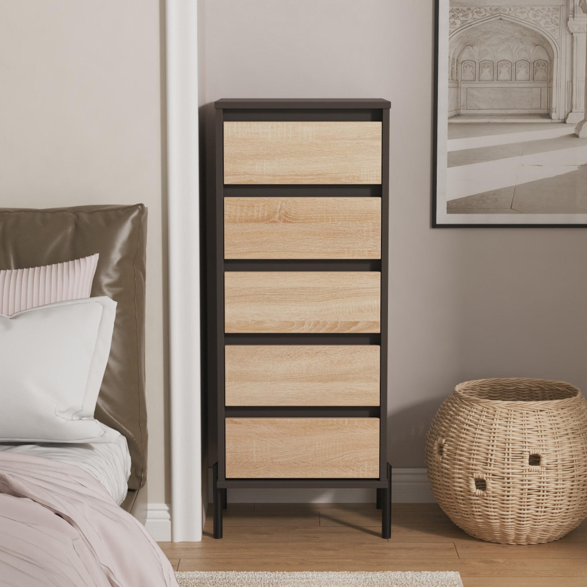 Leona Chest - 5 Drawer - Narrow - Bardolino Oak and Graphite