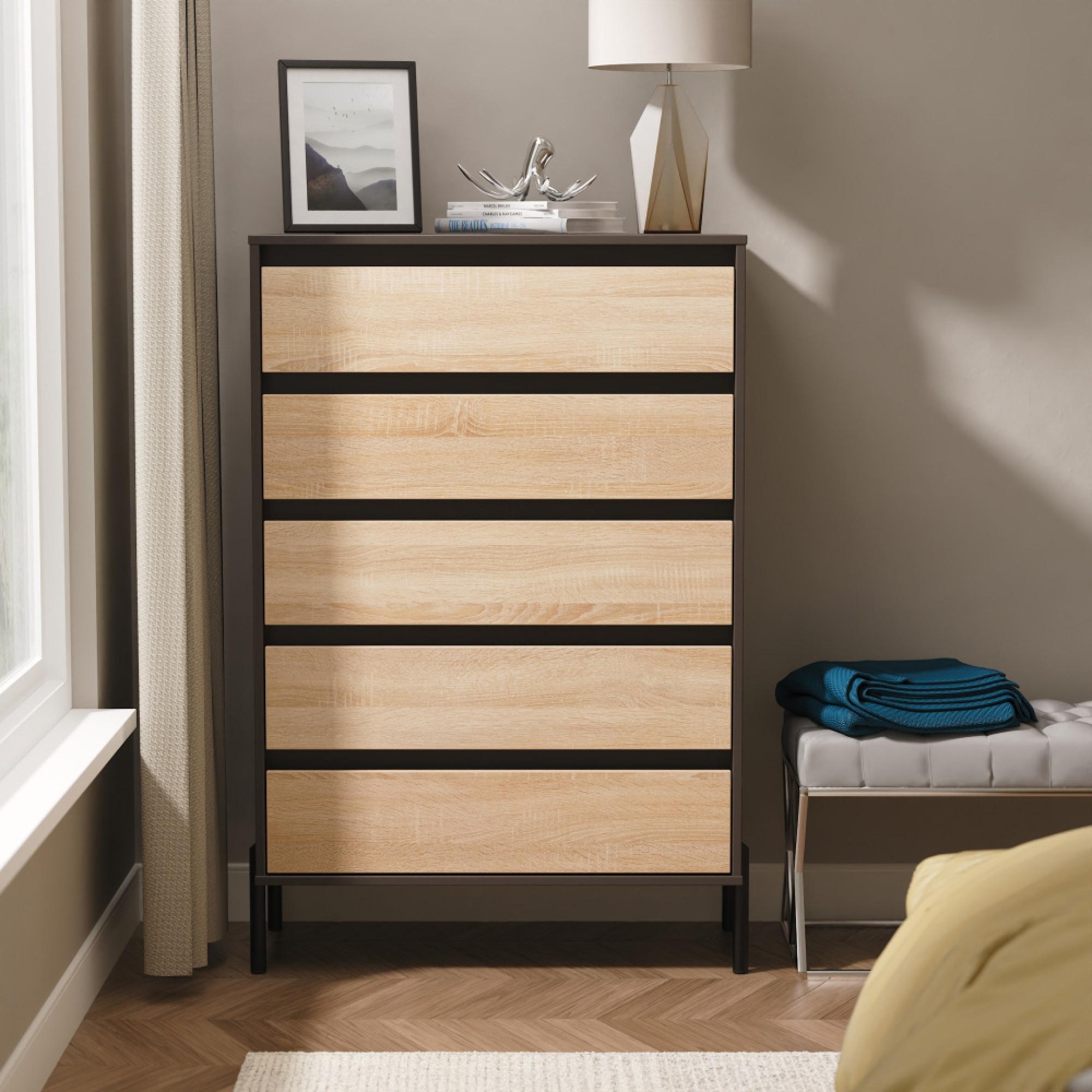 Leona Chest - 5 Drawer - Wide - Bardolino Oak and Graphite