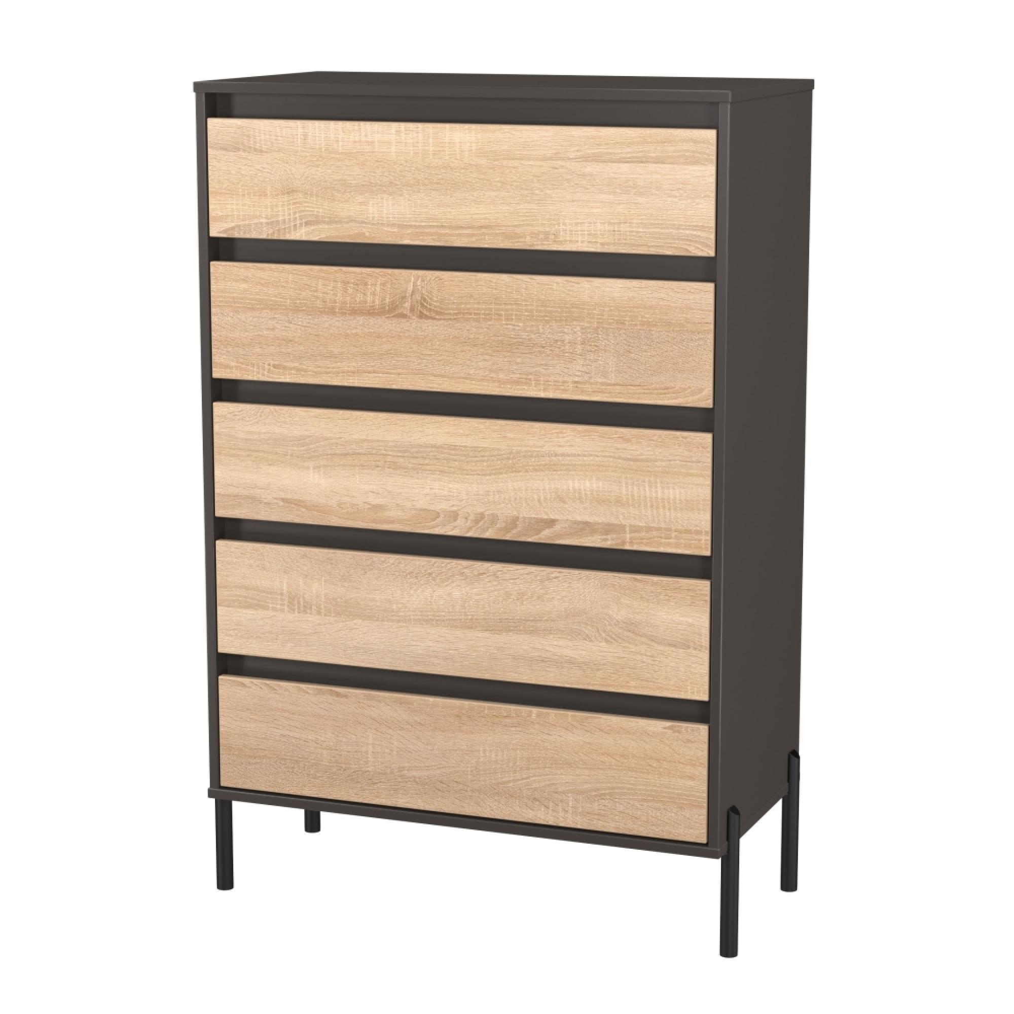 Leona Chest - 5 Drawer - Wide - Bardolino Oak and Graphite