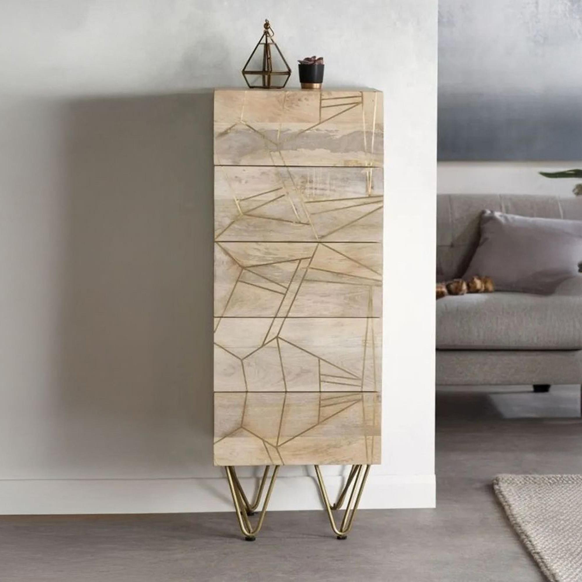 Chest - 5 Drawer - Tall - Hairpin Legs - Gold Geometric Inlay - Light Mango Wood