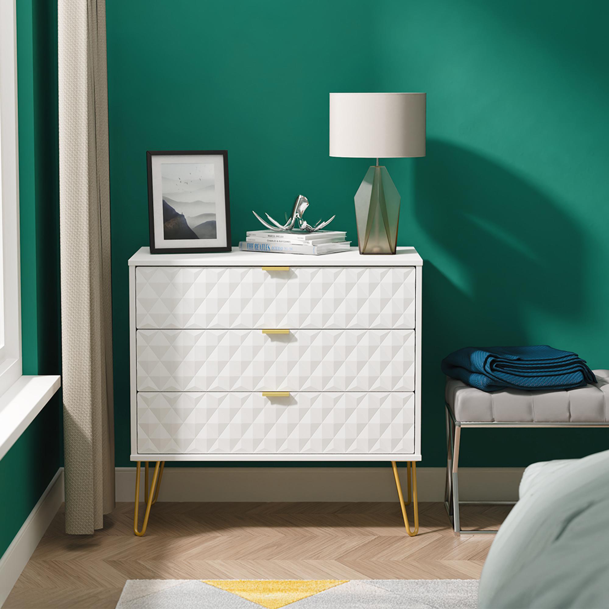 Harlequin Chest - 3 Drawer - with Hairpin Legs - White Matt