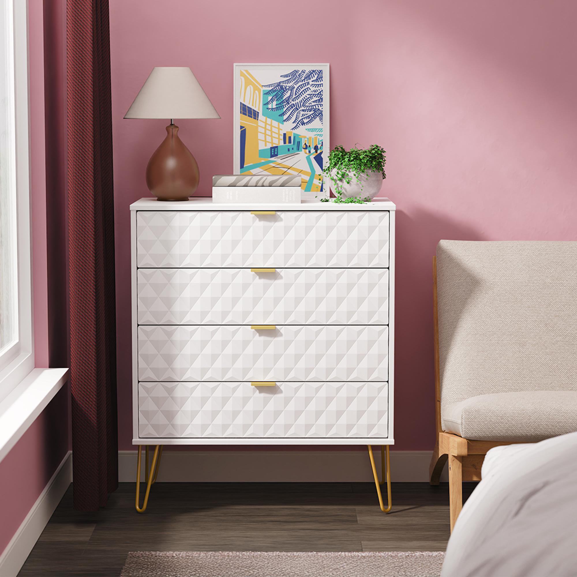 Harlequin Chest - 4 Drawer - with Hairpin Legs - White Matt