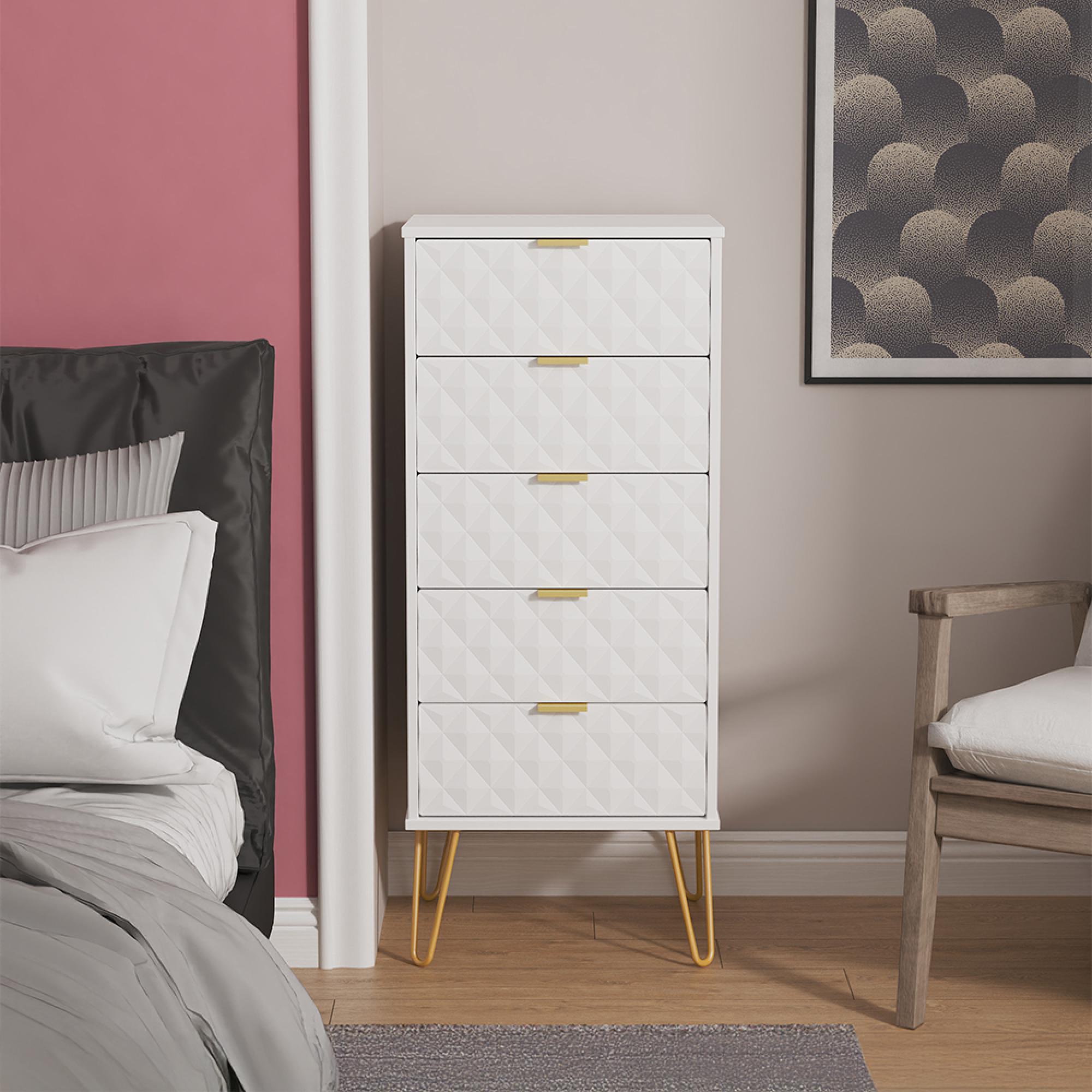 Harlequin Chest - 5 Drawer - Narrow - with Hairpin Legs - White Matt