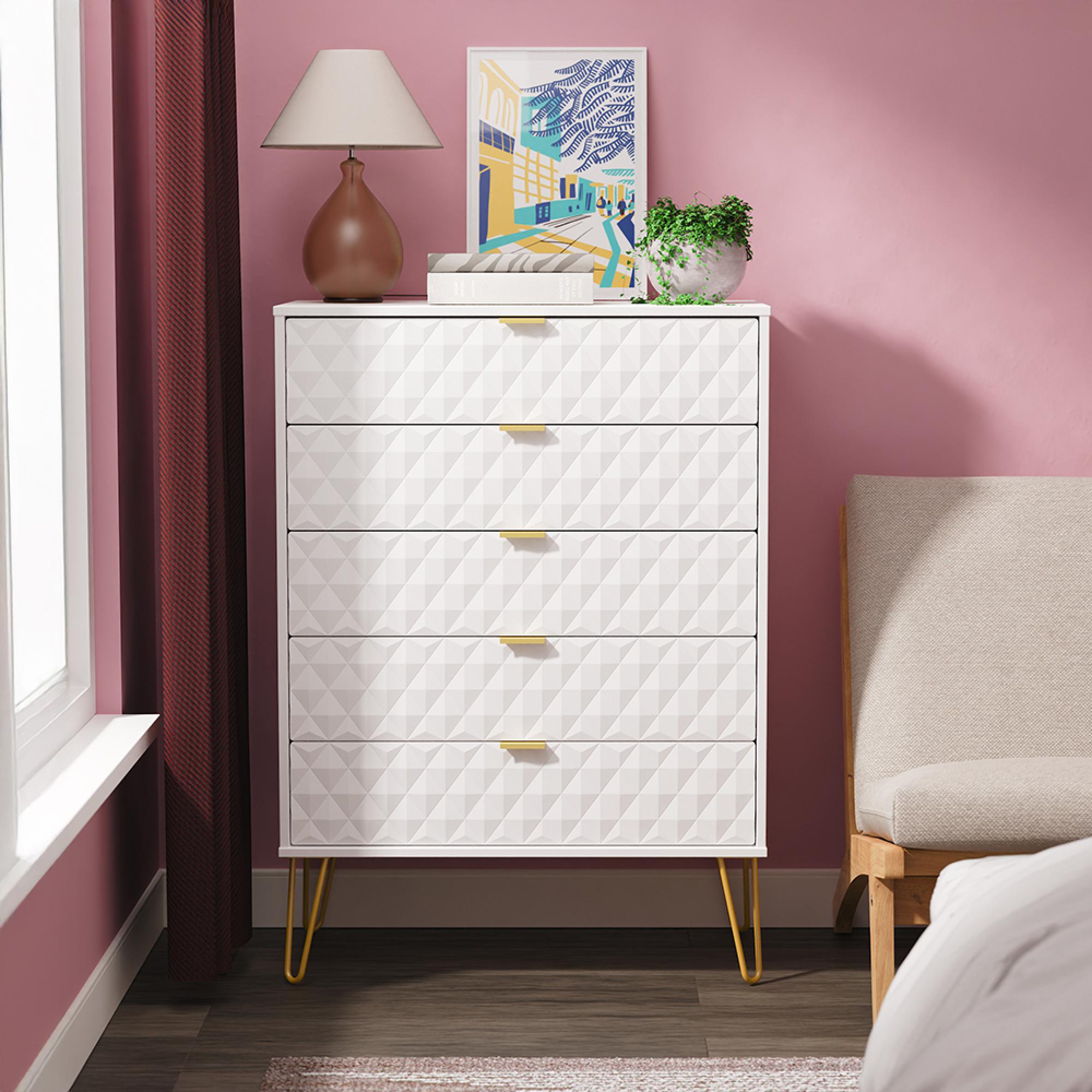Harlequin Chest - 5 Drawer - Wide - with Hairpin Legs - White Matt