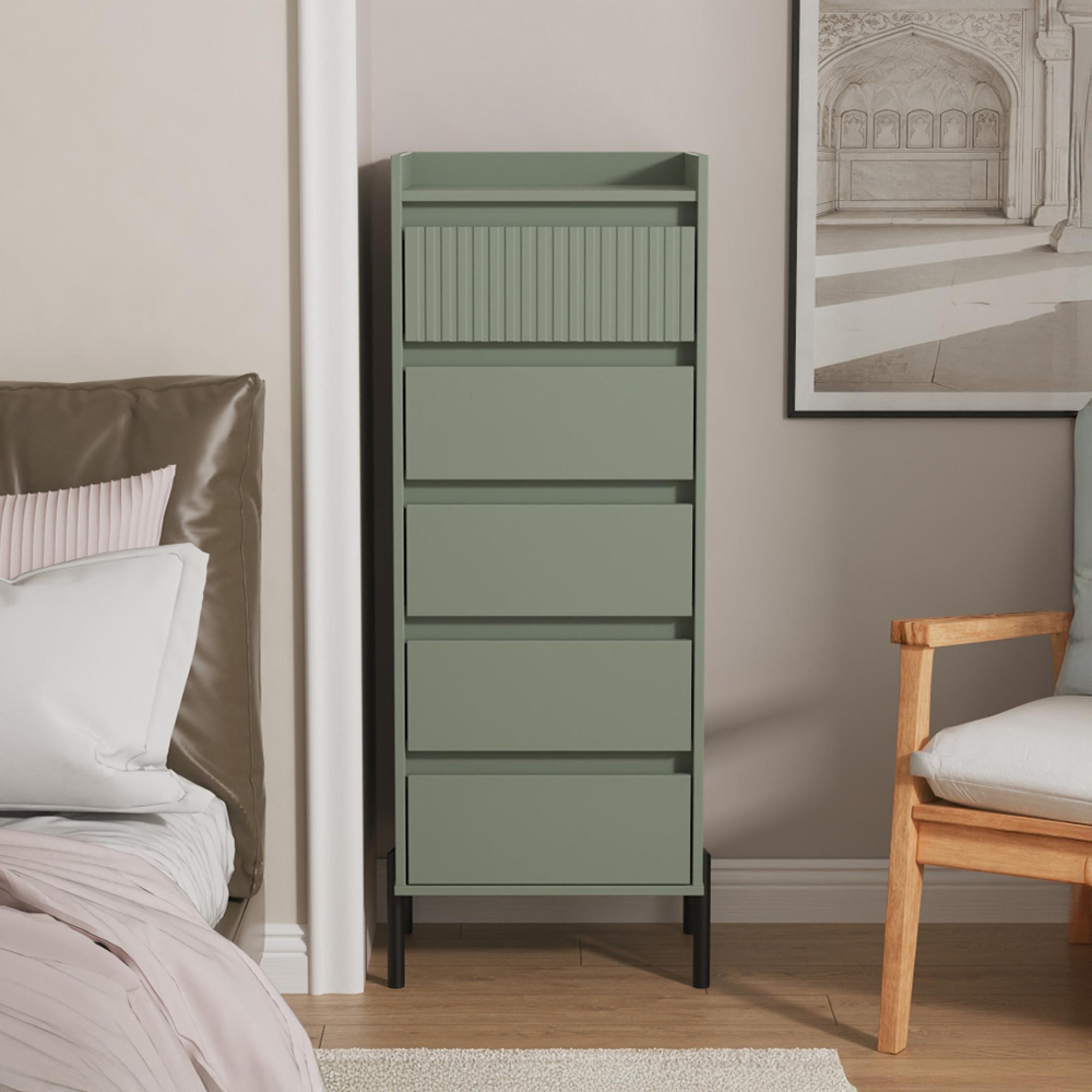 Osaka Chest - 5 Drawer - Narrow - Reed Green Fluted