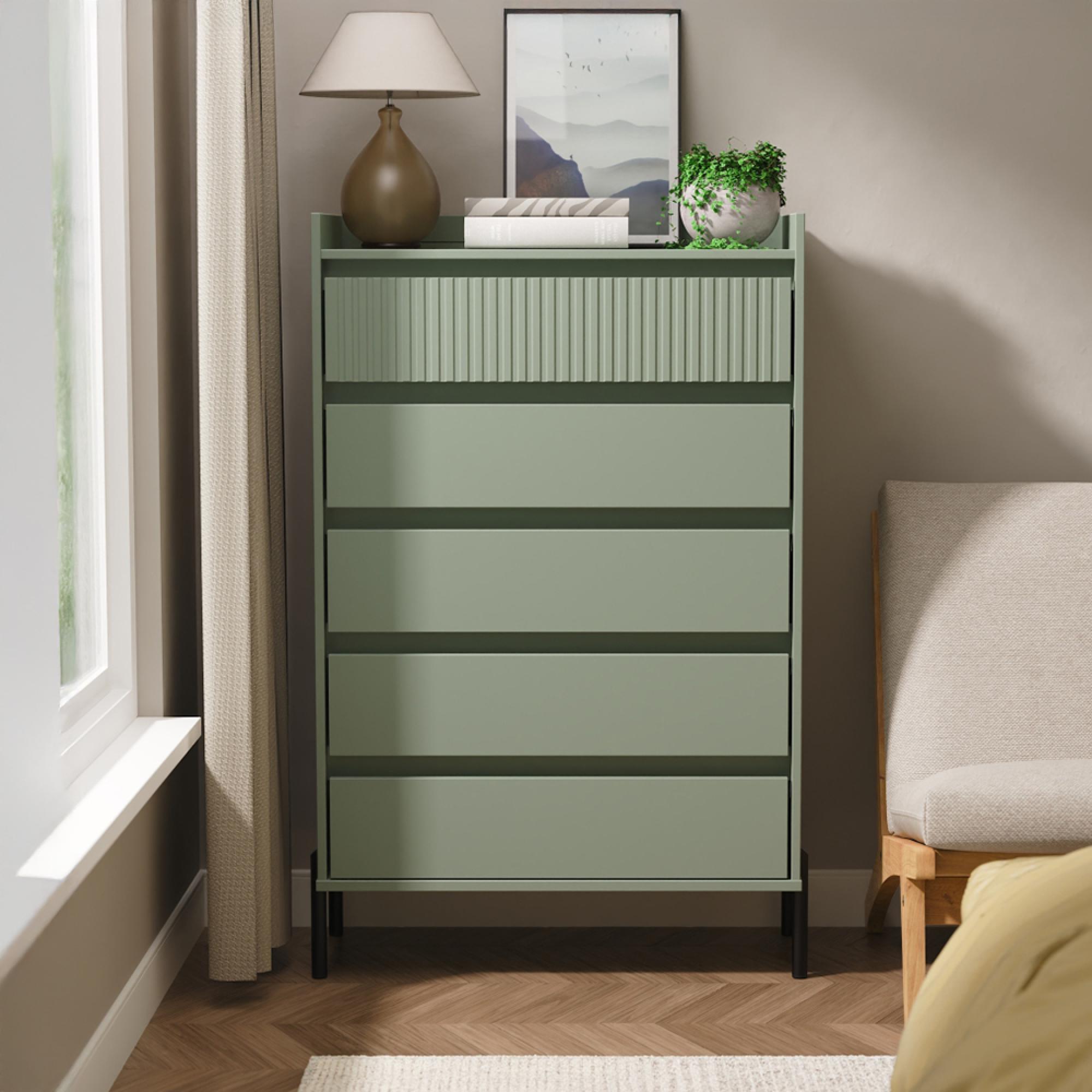 Osaka Chest - 5 Drawer - Wide - Reed Green Fluted