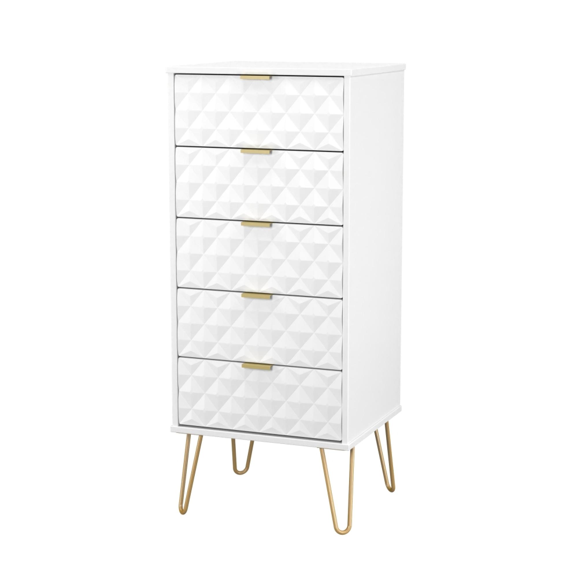 Harlequin Chest - 5 Drawer - Narrow - with Hairpin Legs - White Matt