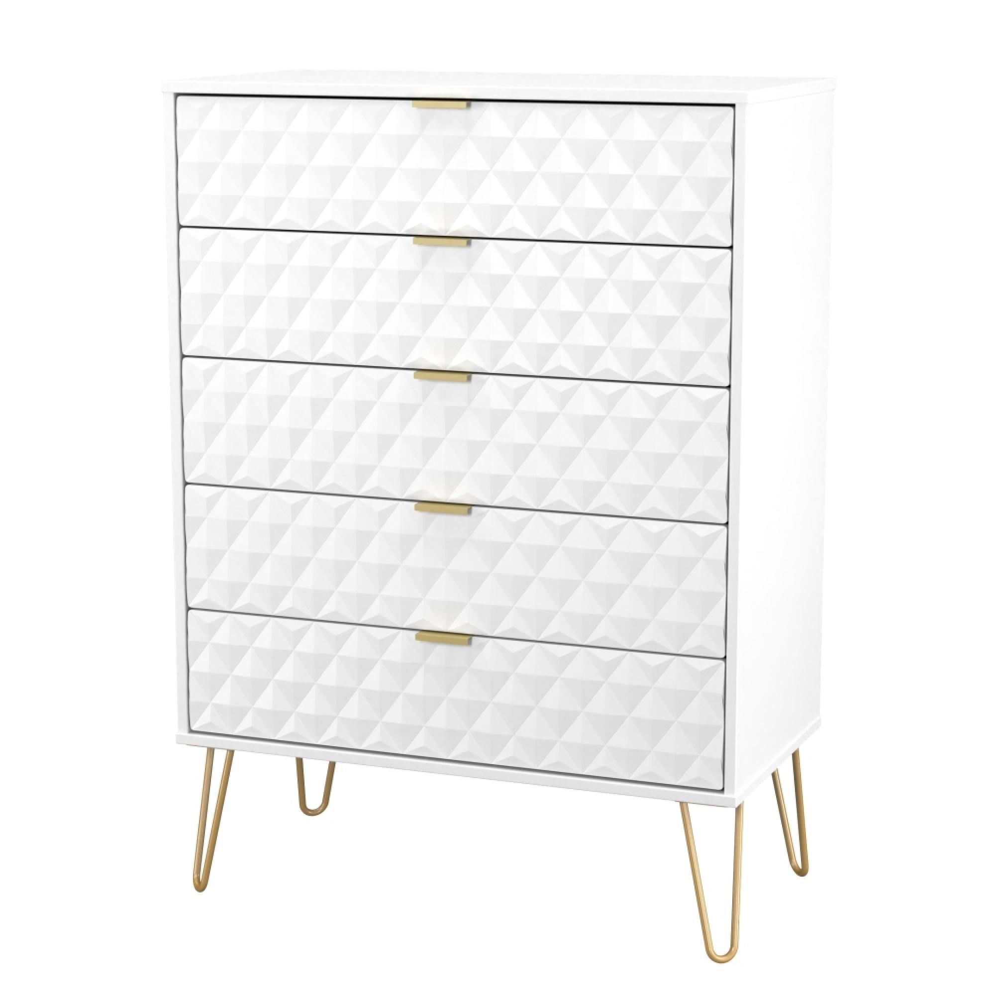 Harlequin Chest - 5 Drawer - Wide - with Hairpin Legs - White Matt