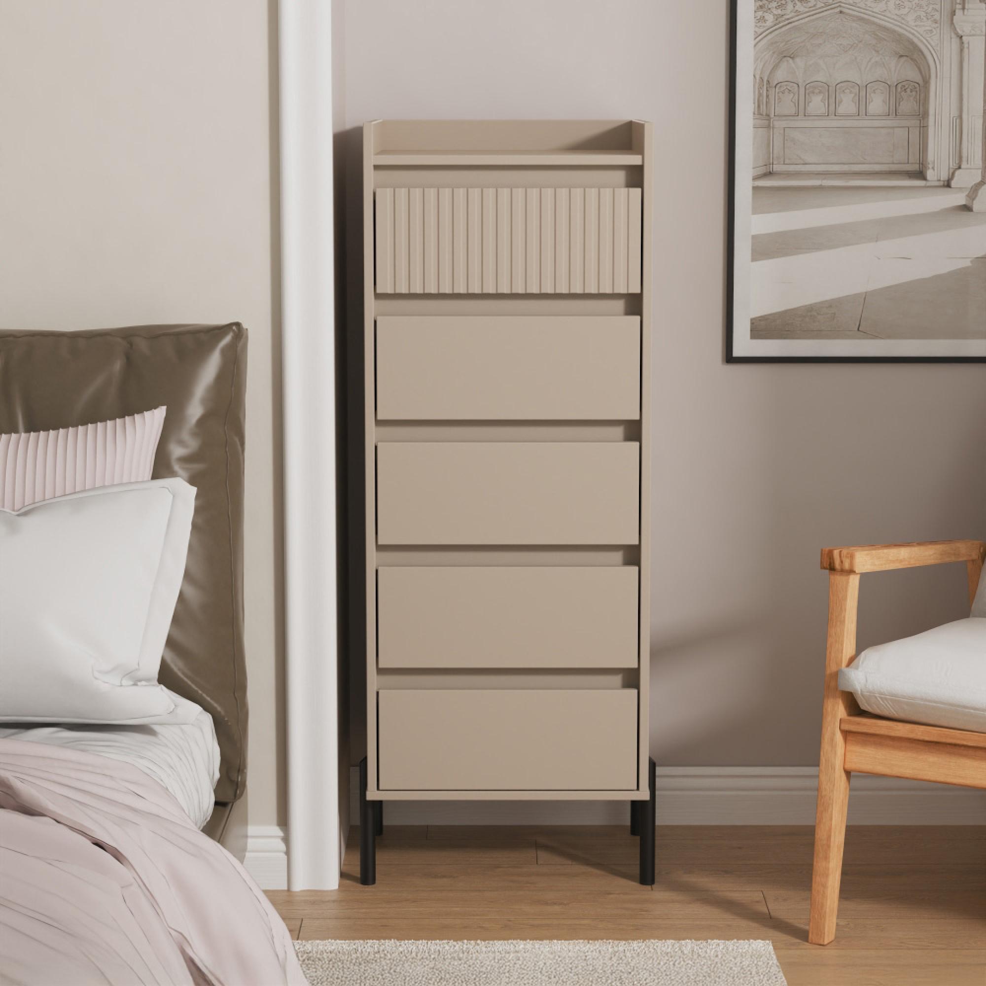 Osaka Chest - 5 Drawer - Narrow - Mushroom Matt Fluted