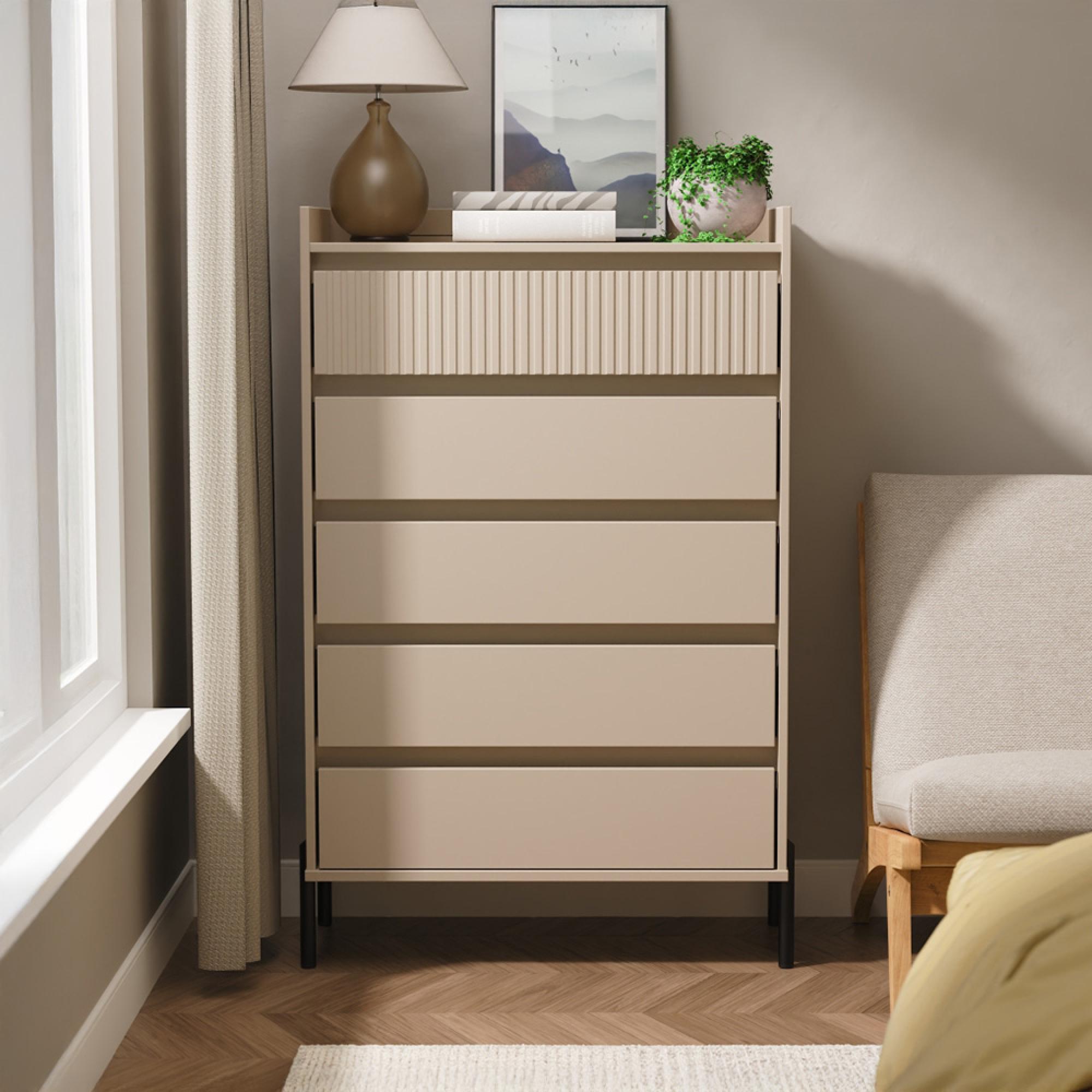 Osaka Chest - 5 Drawer - Wide - Mushroom Matt Fluted