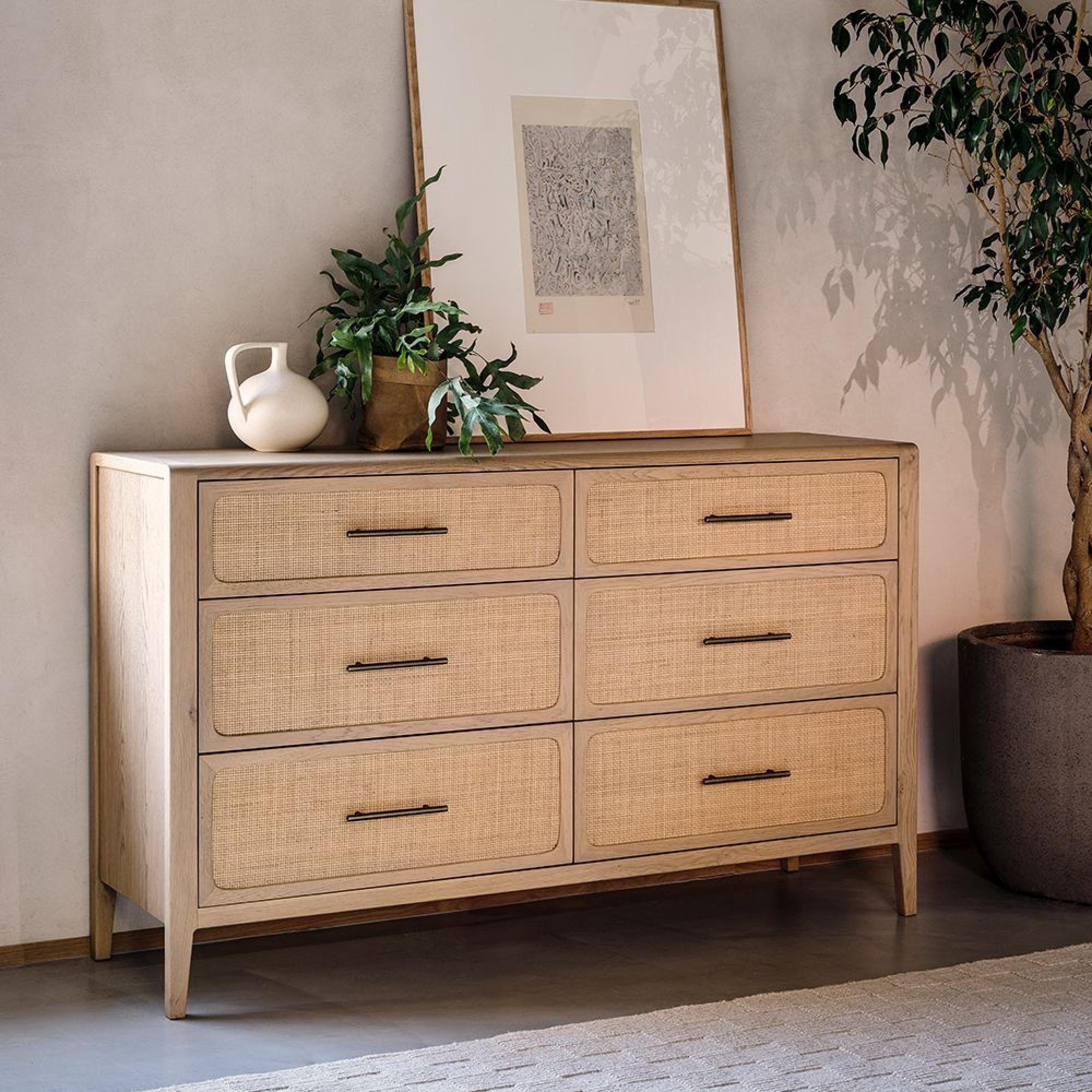 Casera Chest - 6 Drawer - Wide - Natural Rattan and American Oak