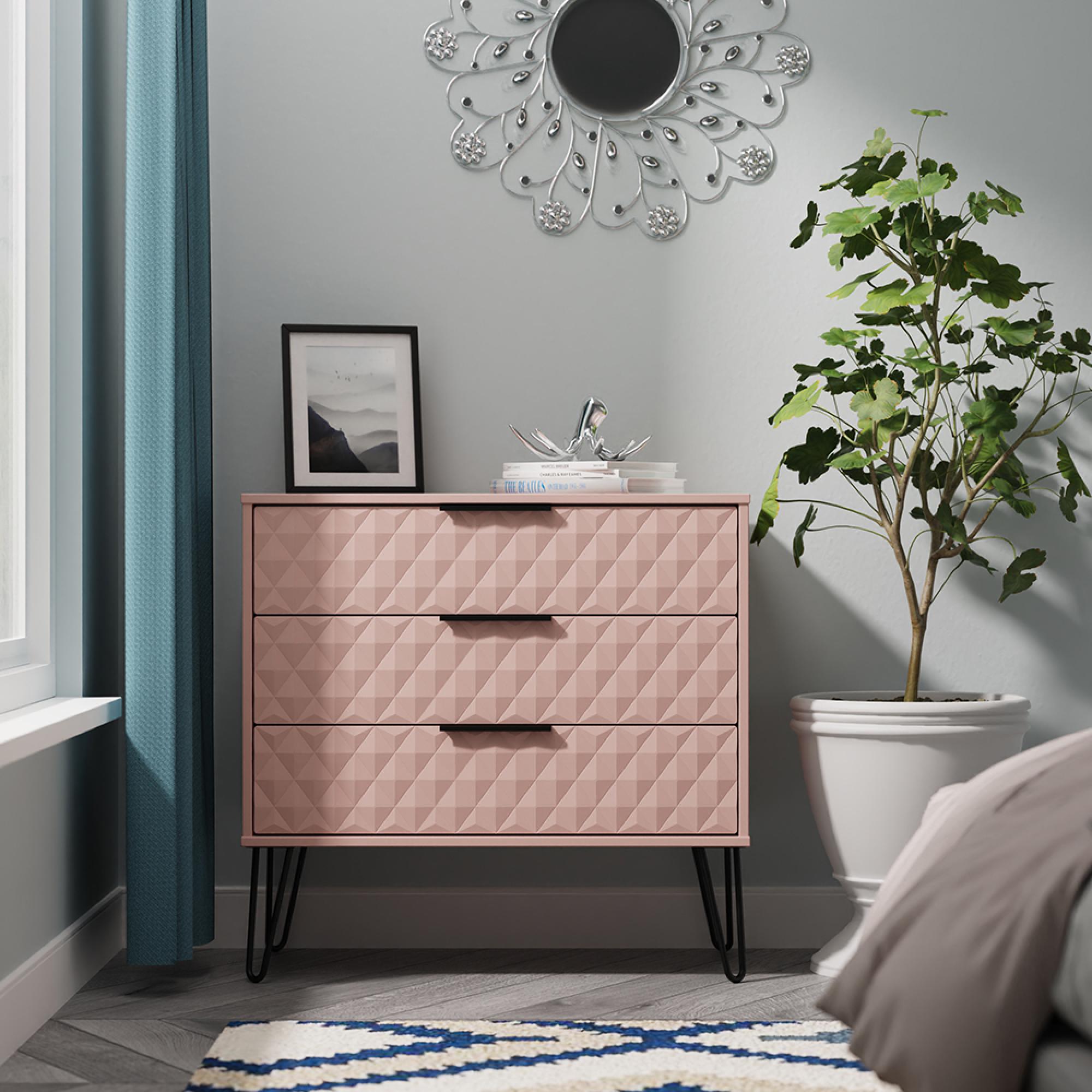 Harlequin Chest - 3 Drawer - with Hairpin Legs - Kobe Pink