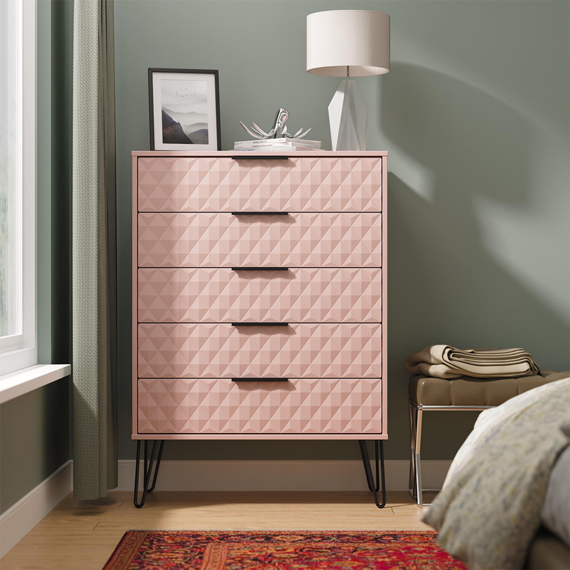 Harlequin Chest - 5 Drawer - Wide - with Hairpin Legs - Kobe Pink
