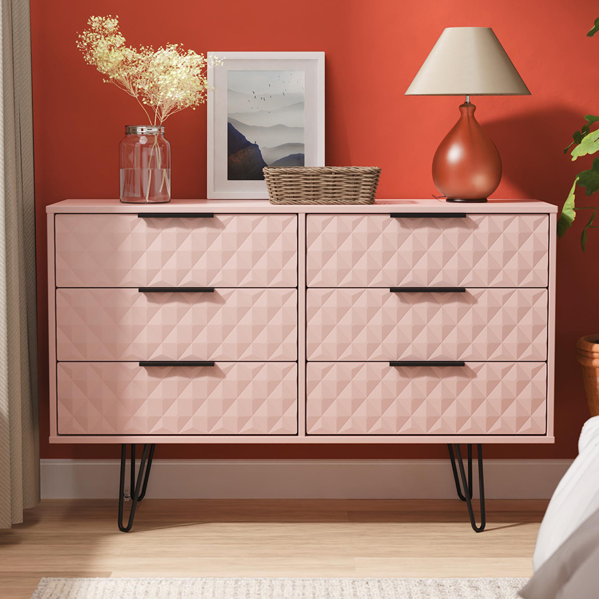 Harlequin Chest - 6 Drawer - Midi - with Hairpin Legs - Kobe Pink