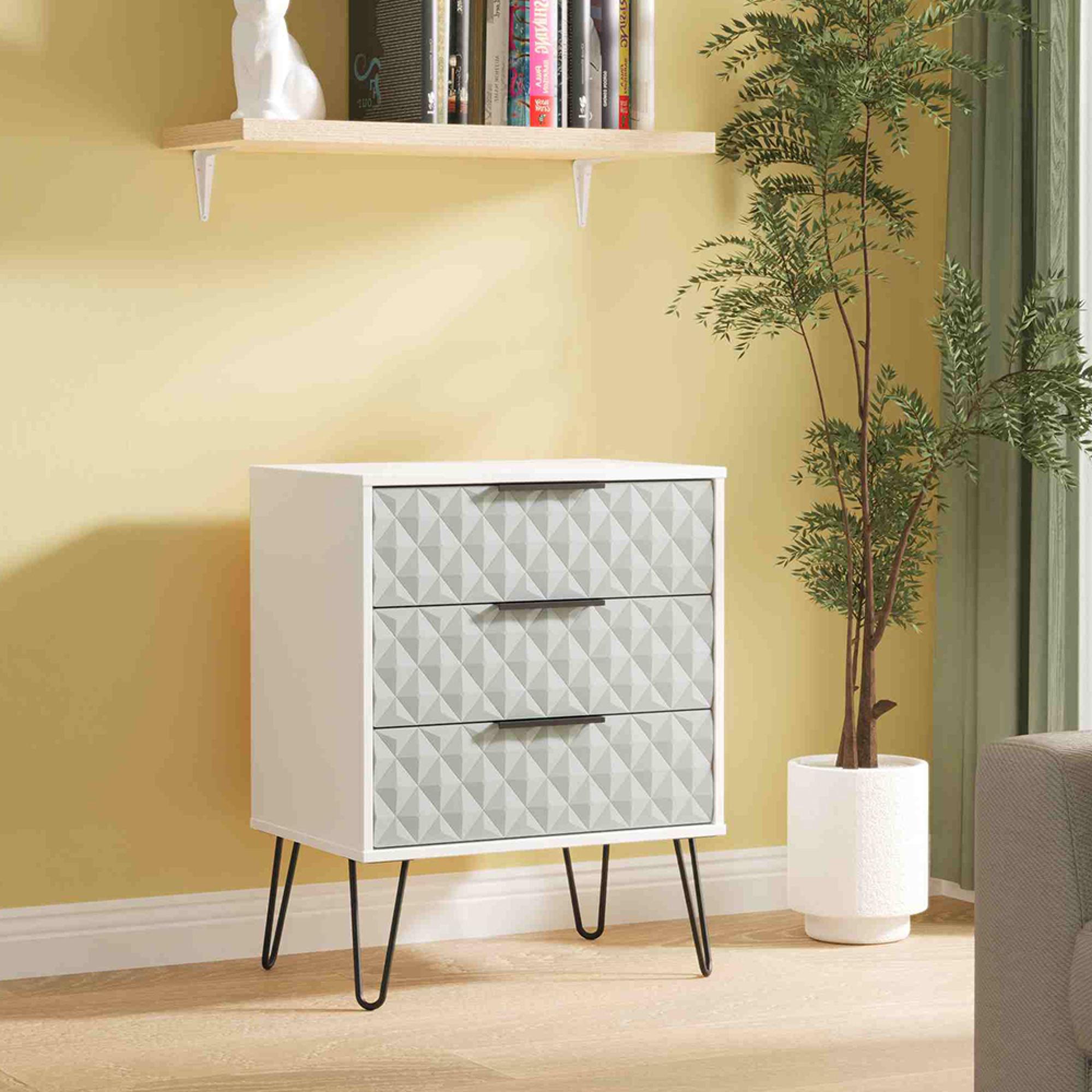 Harlequin Chest - 3 Drawer - Midi - with Hairpin Legs - Duck and White Matt
