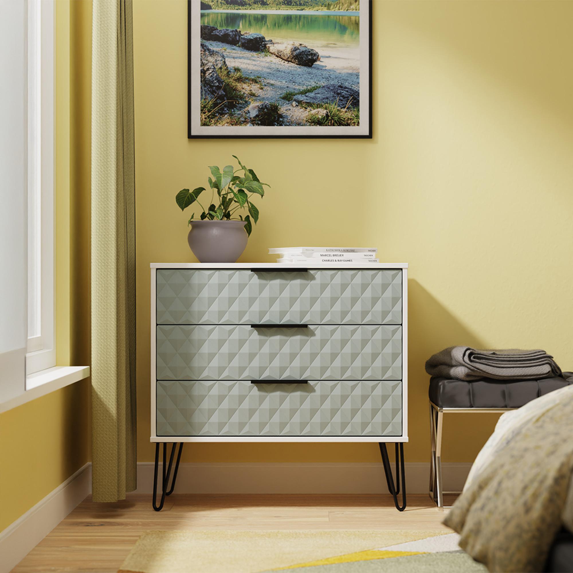 Harlequin Chest - 3 Drawer - with Hairpin Legs - Duck and White Matt