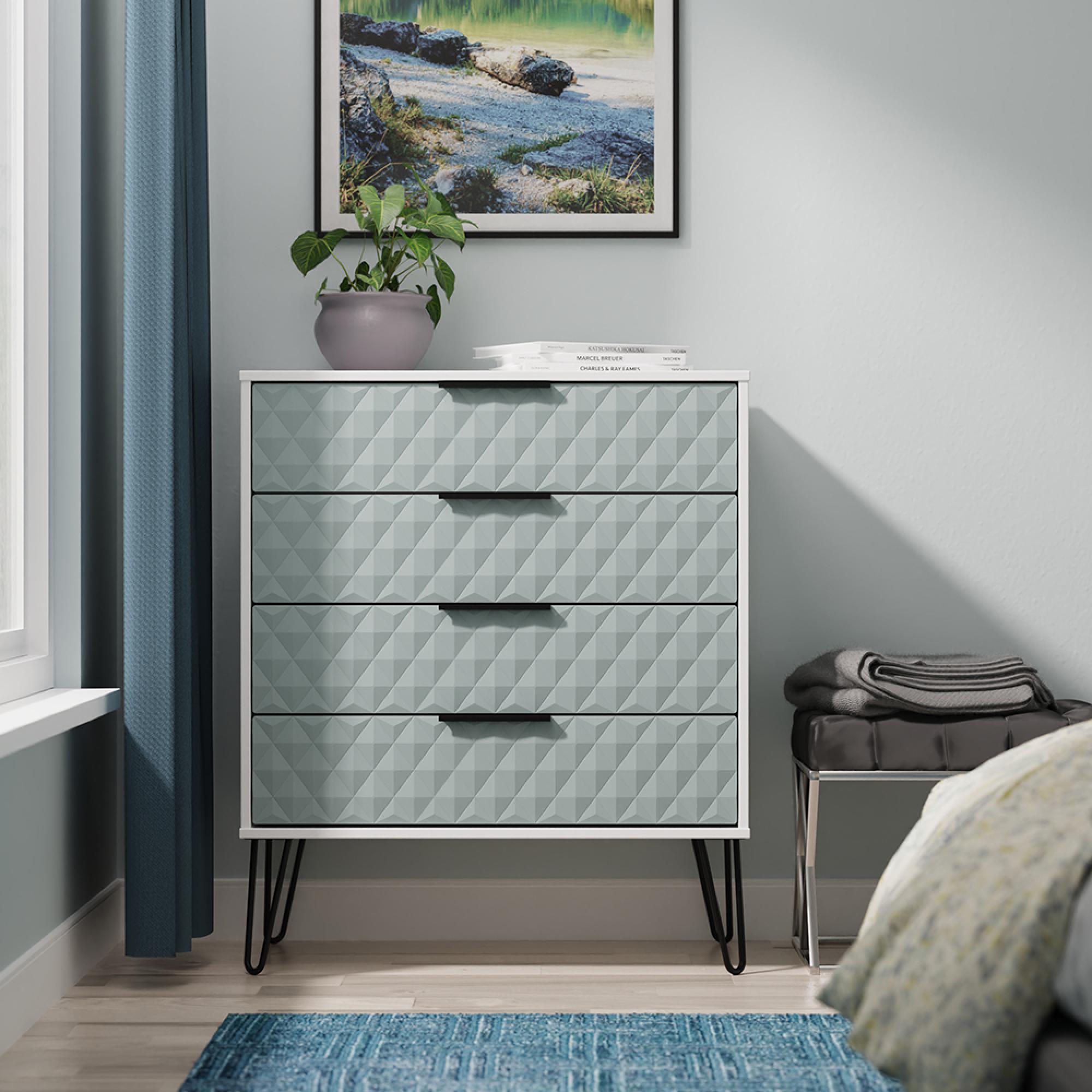Harlequin Chest - 4 Drawer - with Hairpin Legs - Duck and White Matt