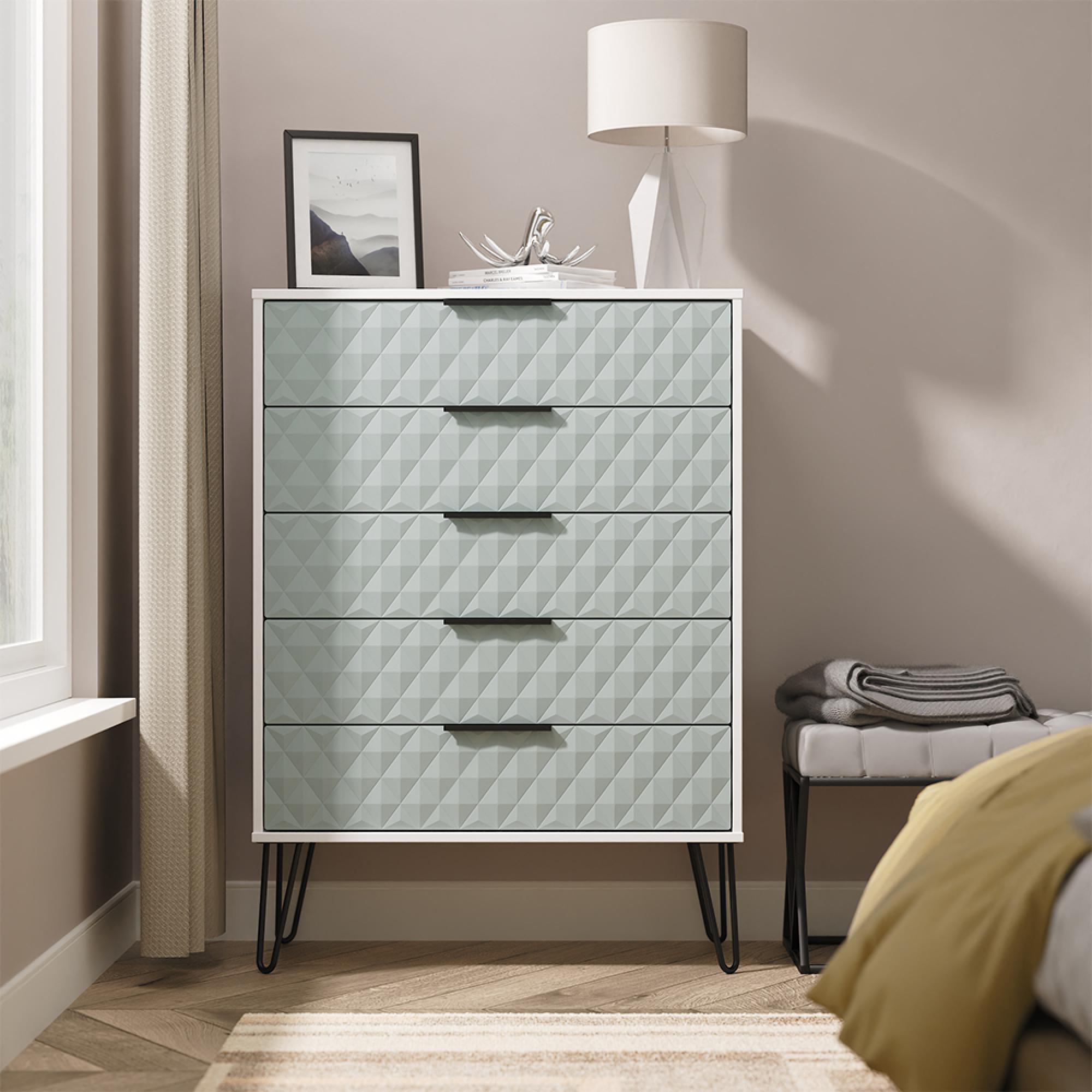 Harlequin Chest - 5 Drawer - Wide - with Hairpin Legs - Duck and White Matt