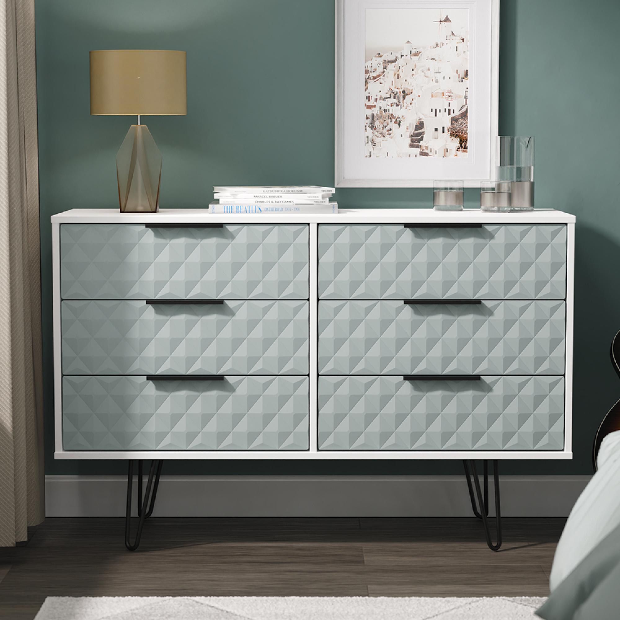Harlequin Chest - 6 Drawer - Midi - with Hairpin Legs - Duck and White Matt