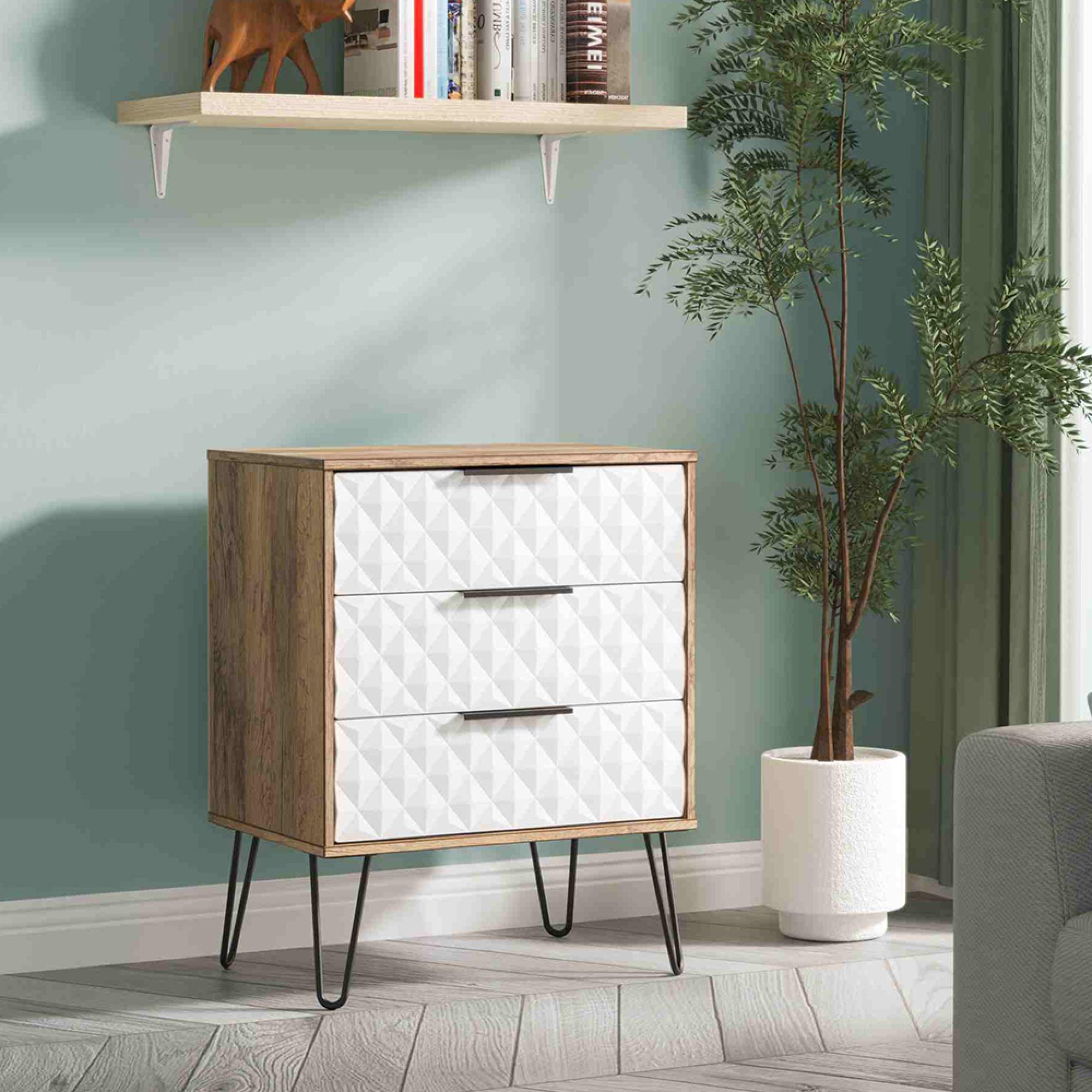 Harlequin Chest - 3 Drawer - Midi - with Hairpin Legs - White Matt and Vintage Oak