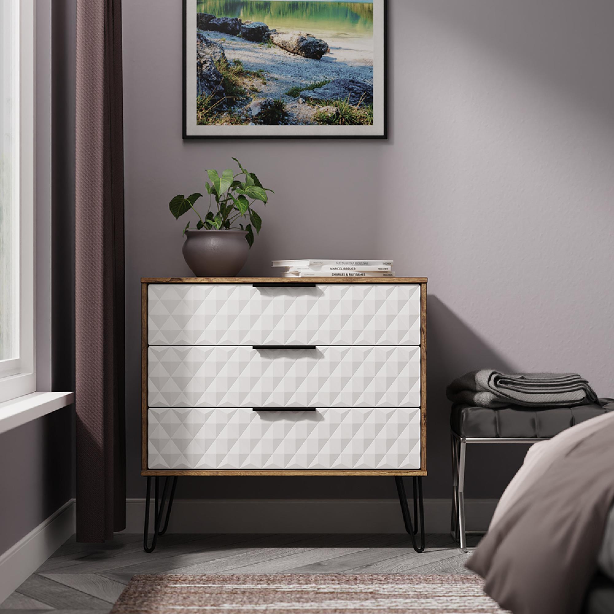Harlequin Chest - 3 Drawer - with Hairpin Legs - White Matt and Vintage Oak