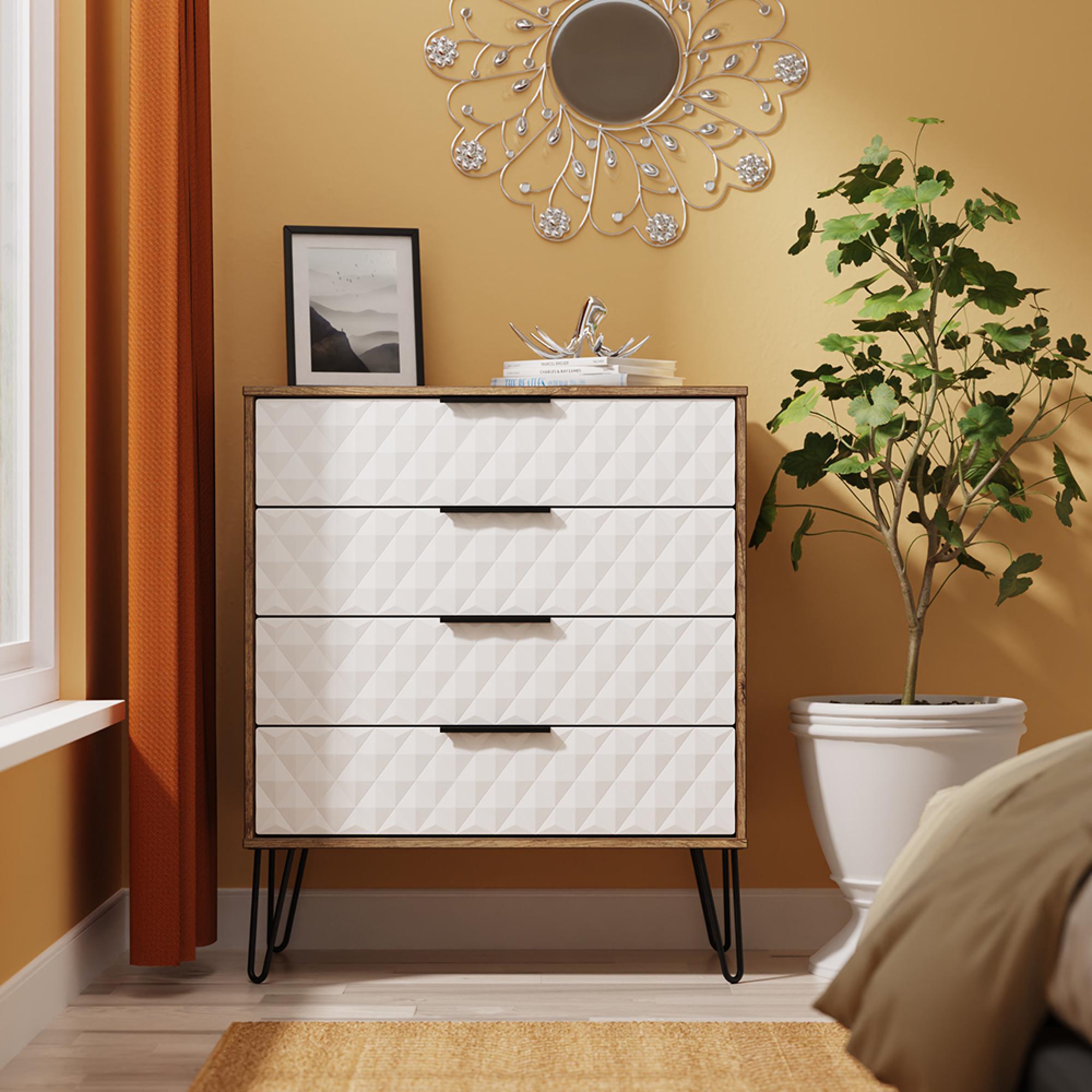 Harlequin Chest - 4 Drawer - with Hairpin Legs - White Matt and Vintage Oak