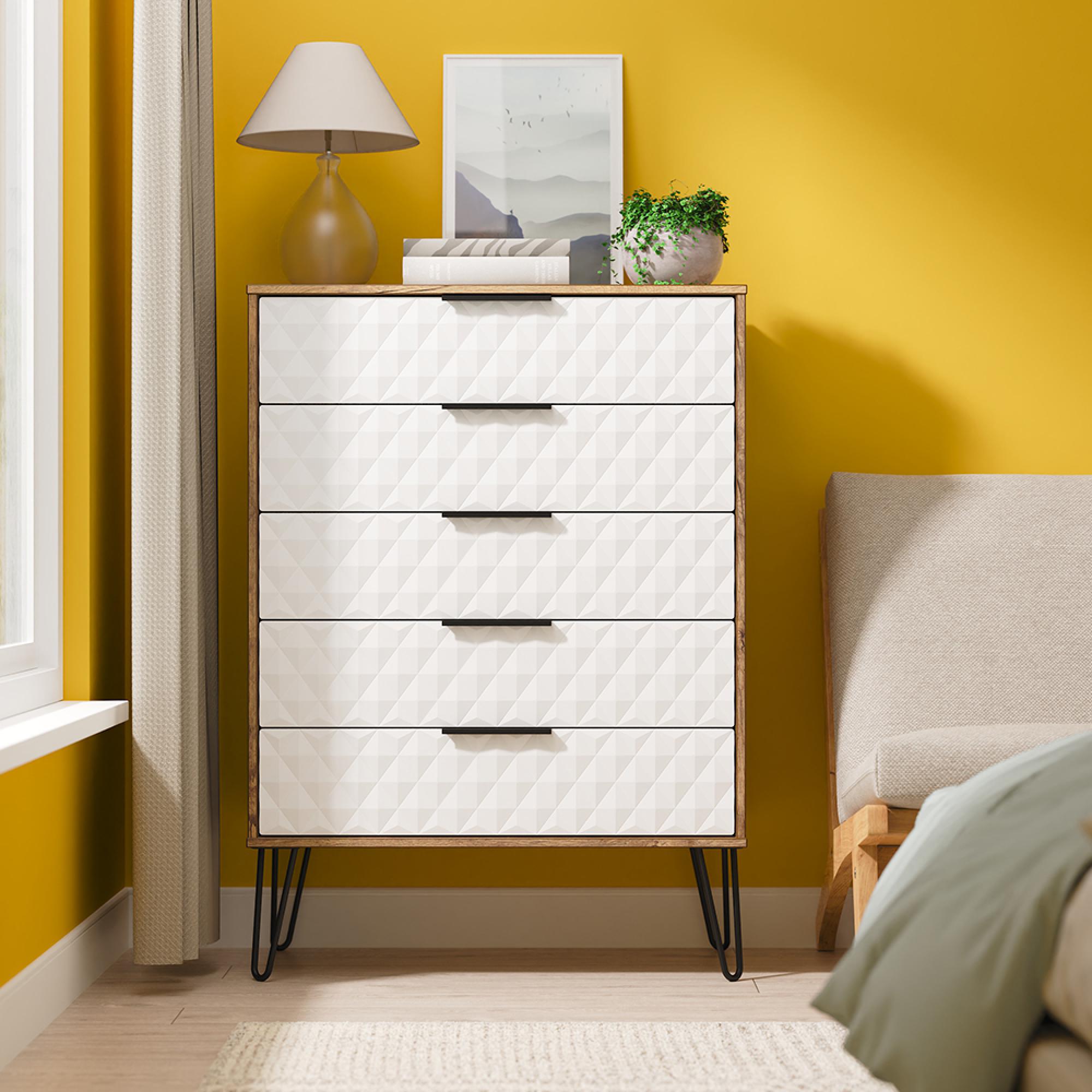 Harlequin Chest - 5 Drawer - Wide - with Hairpin Legs - White Matt and Vintage Oak