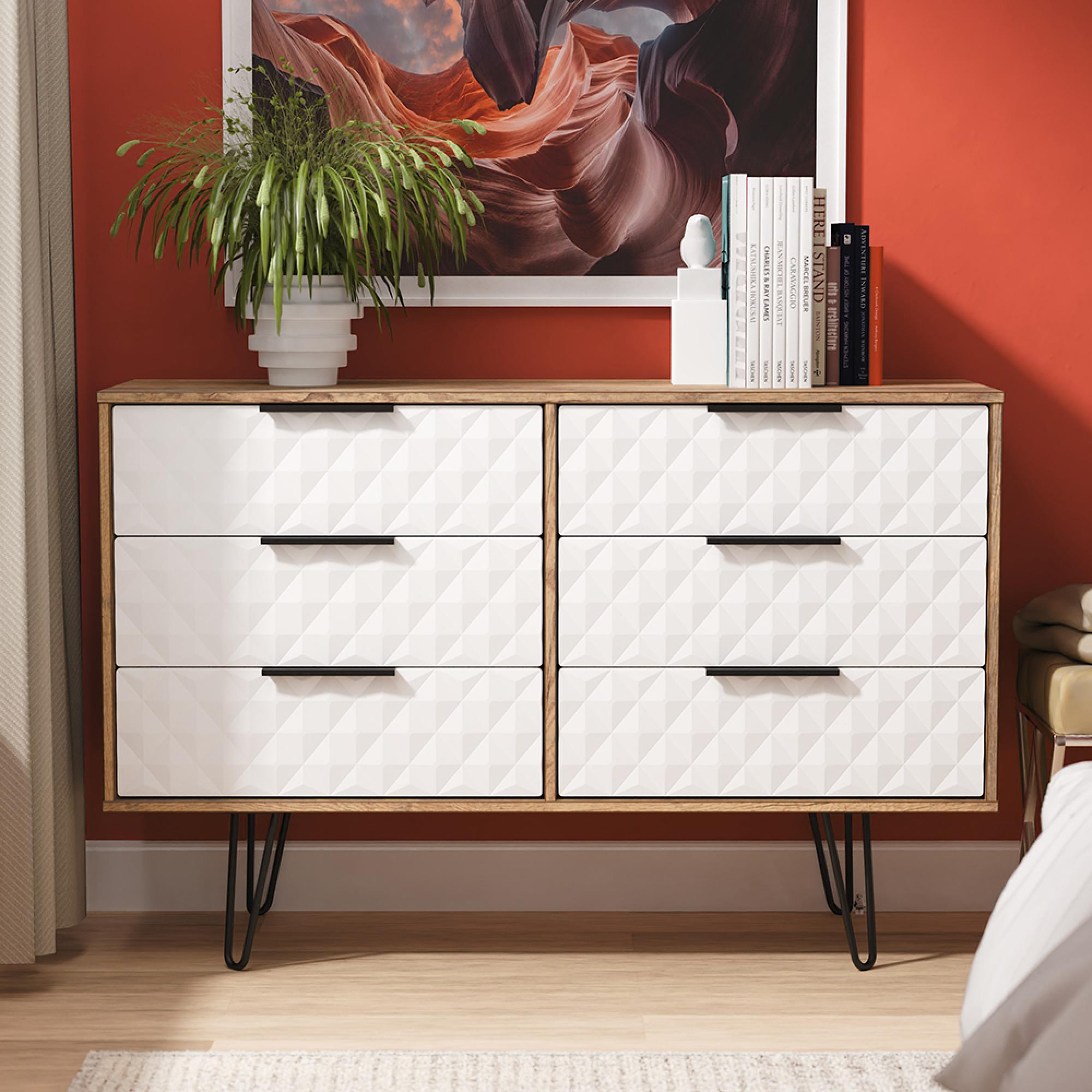 Harlequin Chest - 6 Drawer - Midi - with Hairpin Legs - White Matt and Vintage Oak