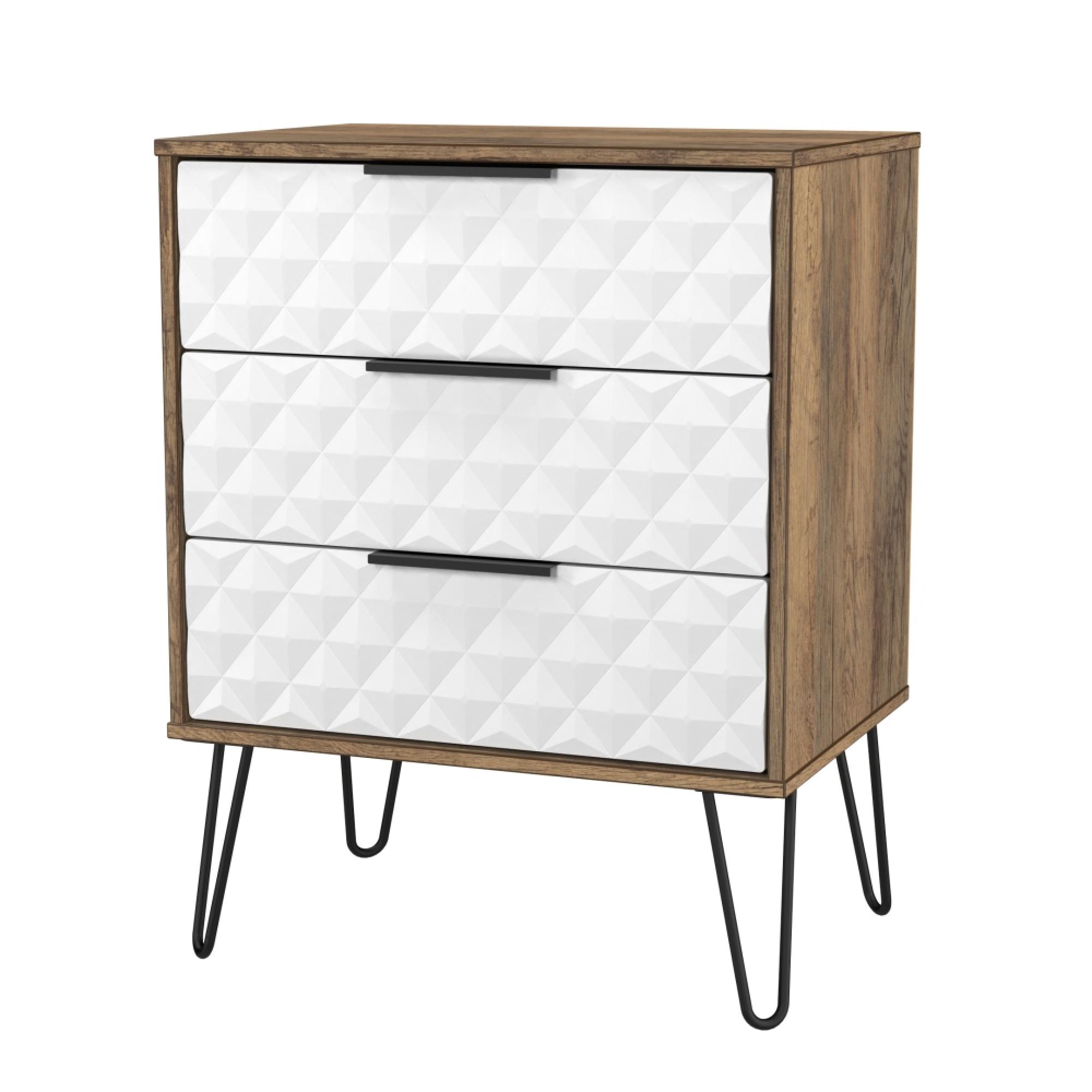 Harlequin Chest - 3 Drawer - Midi - with Hairpin Legs - White Matt and Vintage Oak