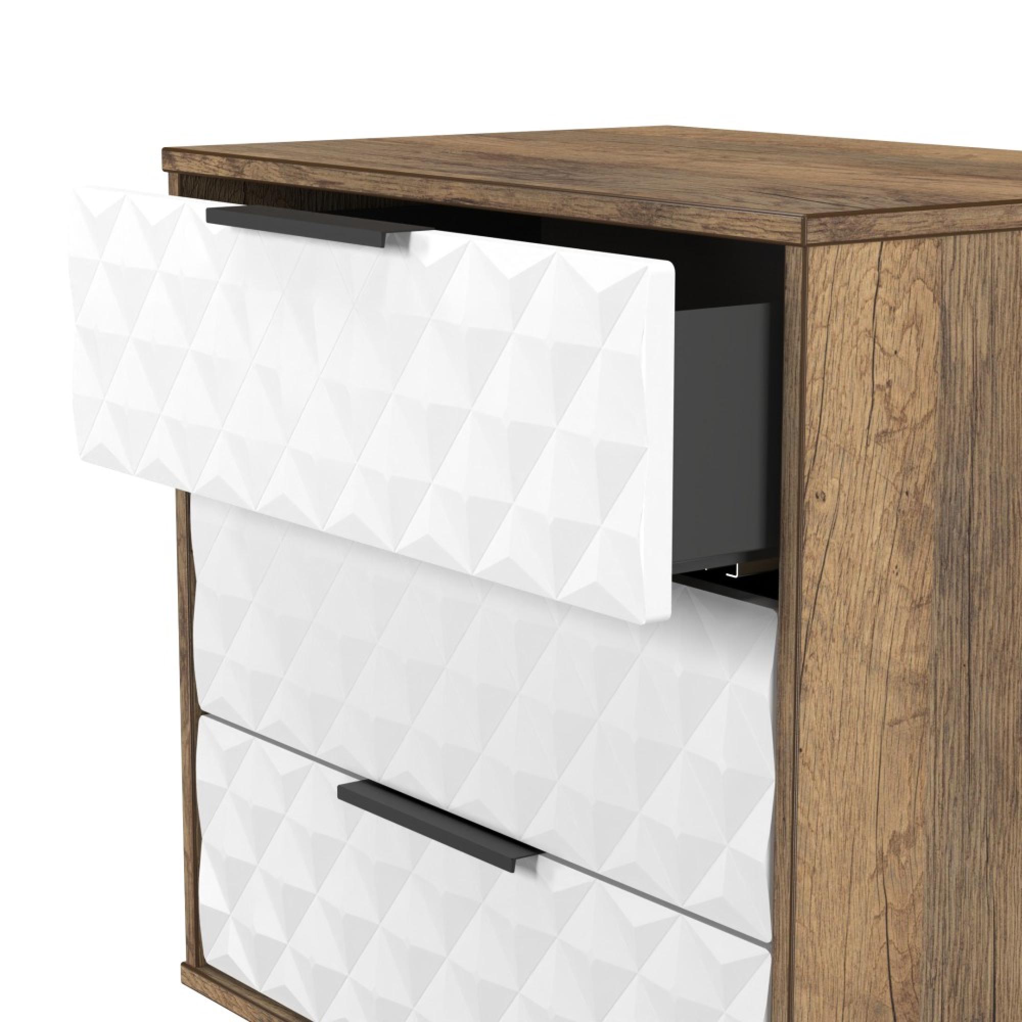 Harlequin Chest - 3 Drawer - Midi - with Hairpin Legs - White Matt and Vintage Oak