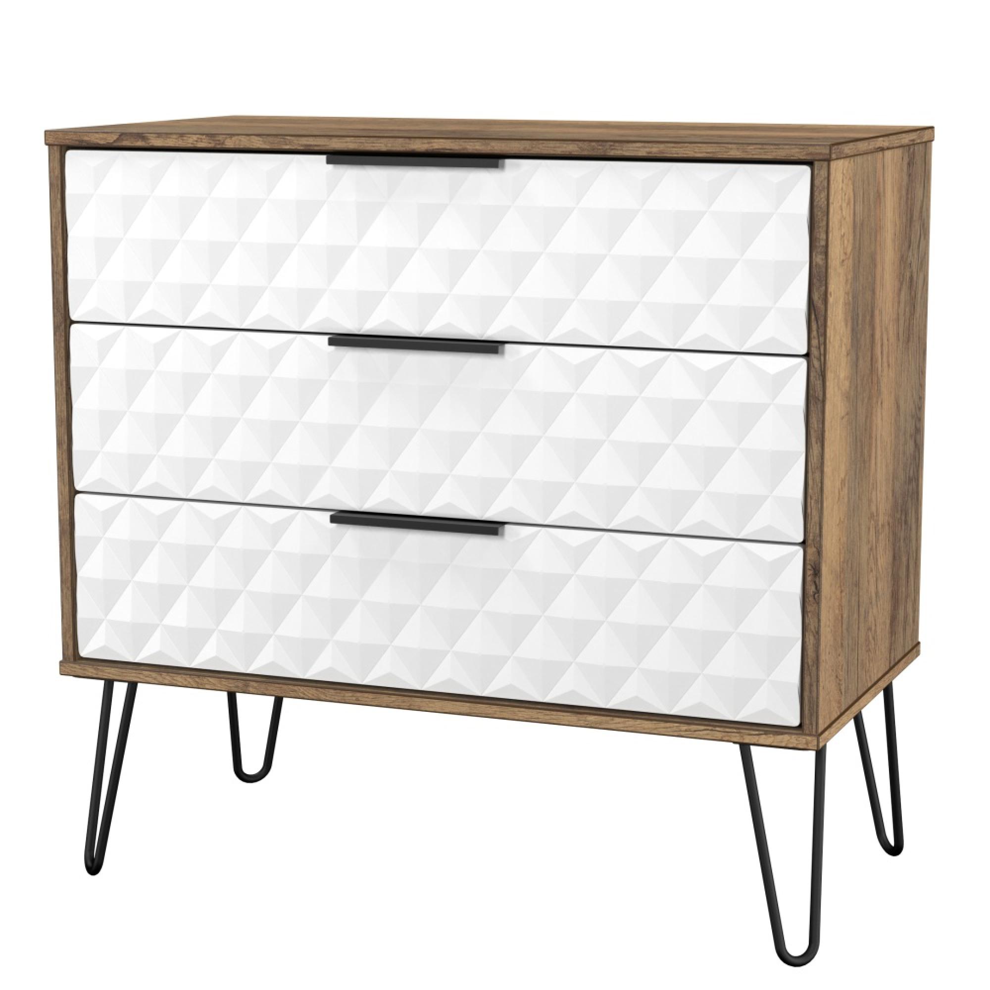 Harlequin Chest - 3 Drawer - with Hairpin Legs - White Matt and Vintage Oak