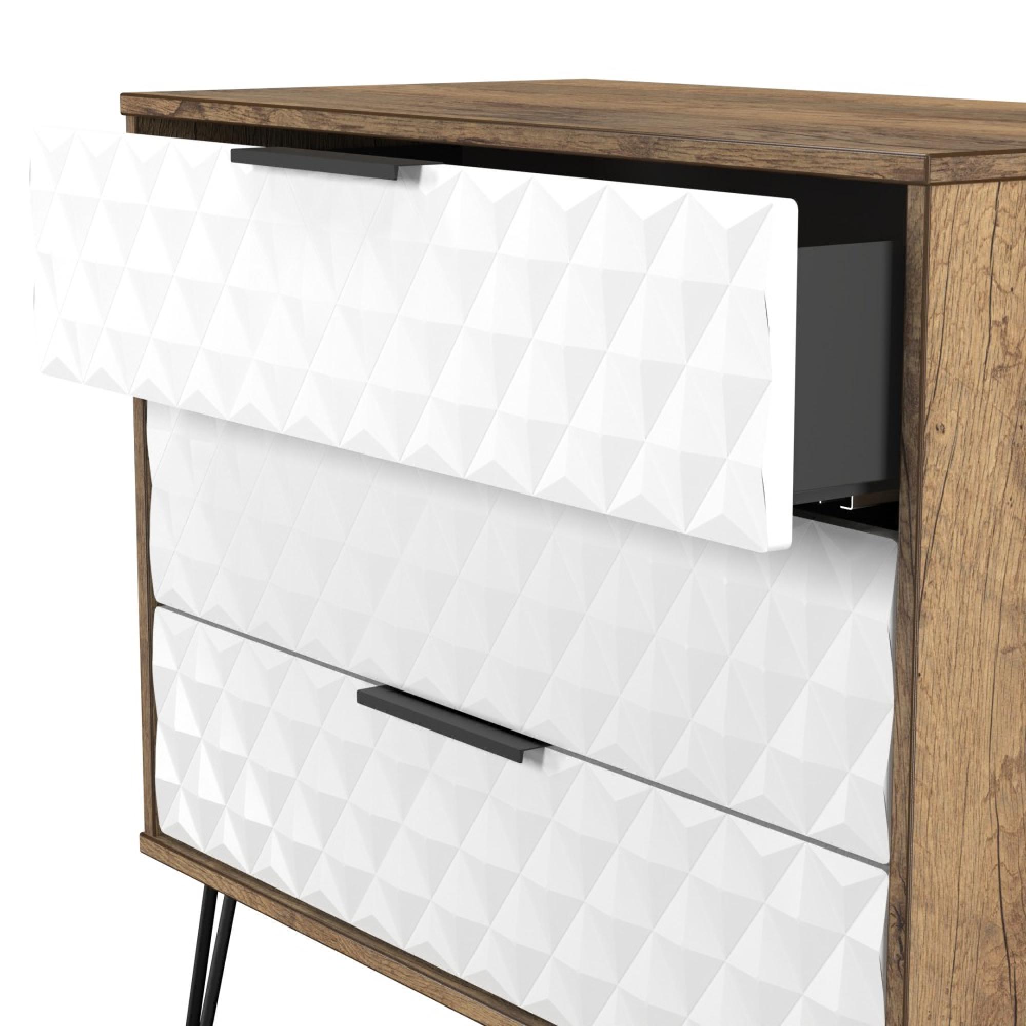 Harlequin Chest - 3 Drawer - with Hairpin Legs - White Matt and Vintage Oak