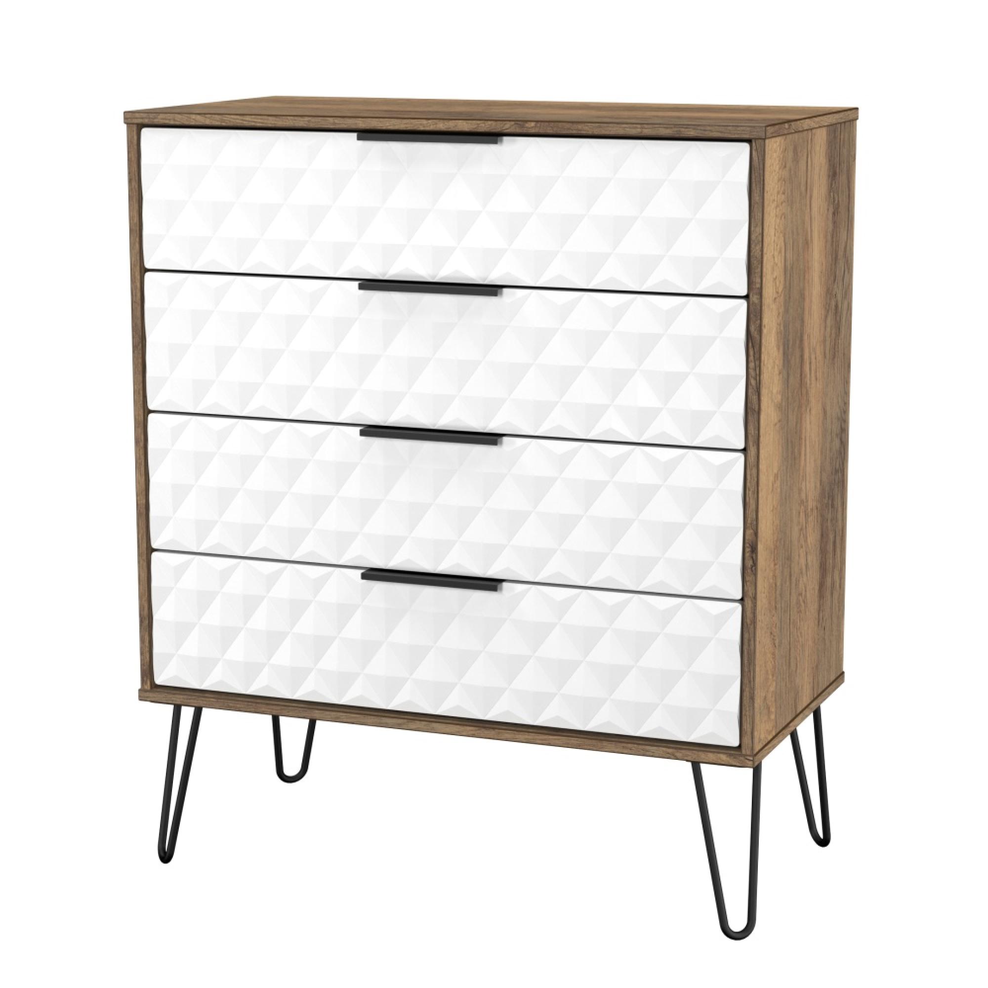 Harlequin Chest - 4 Drawer - with Hairpin Legs - White Matt and Vintage Oak