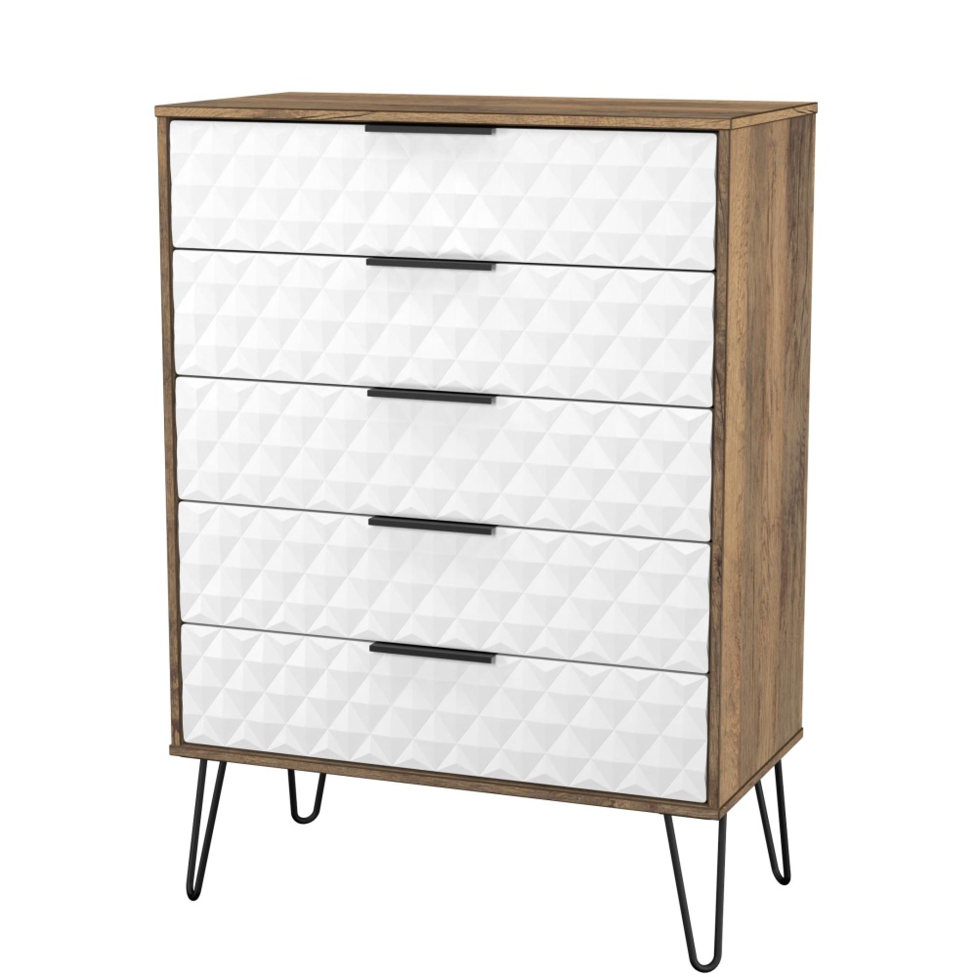 Harlequin Chest - 5 Drawer - Wide - with Hairpin Legs - White Matt and Vintage Oak