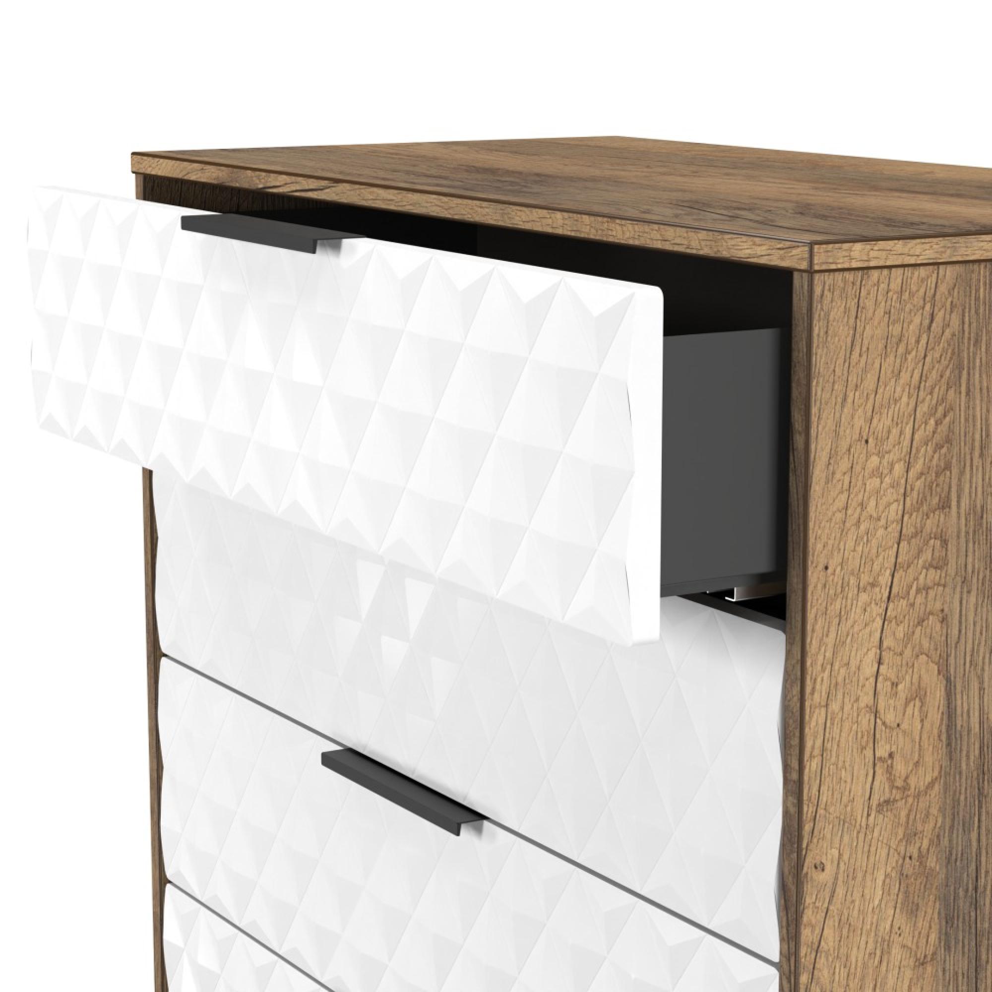 Harlequin Chest - 5 Drawer - Wide - with Hairpin Legs - White Matt and Vintage Oak