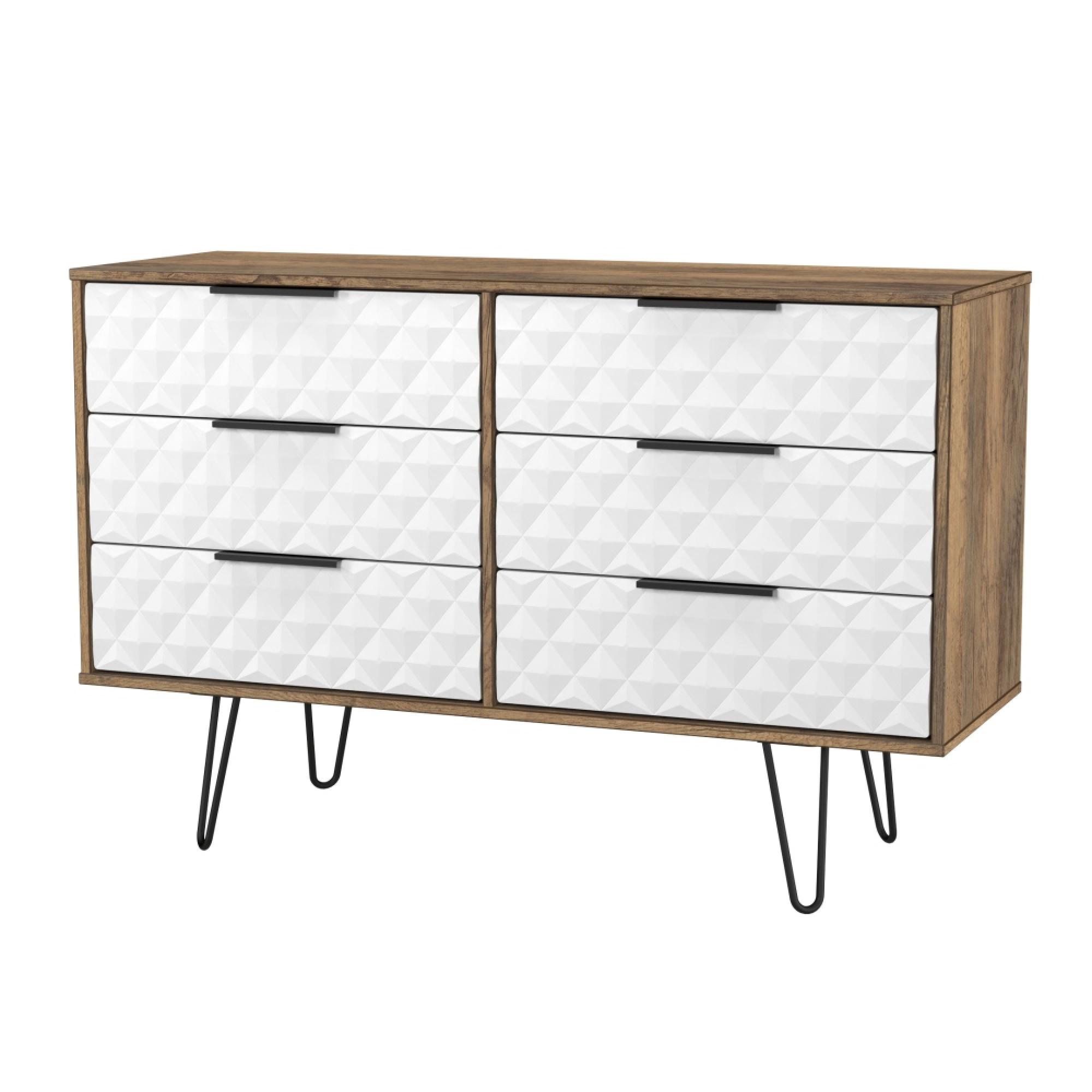 Harlequin Chest - 6 Drawer - Midi - with Hairpin Legs - White Matt and Vintage Oak