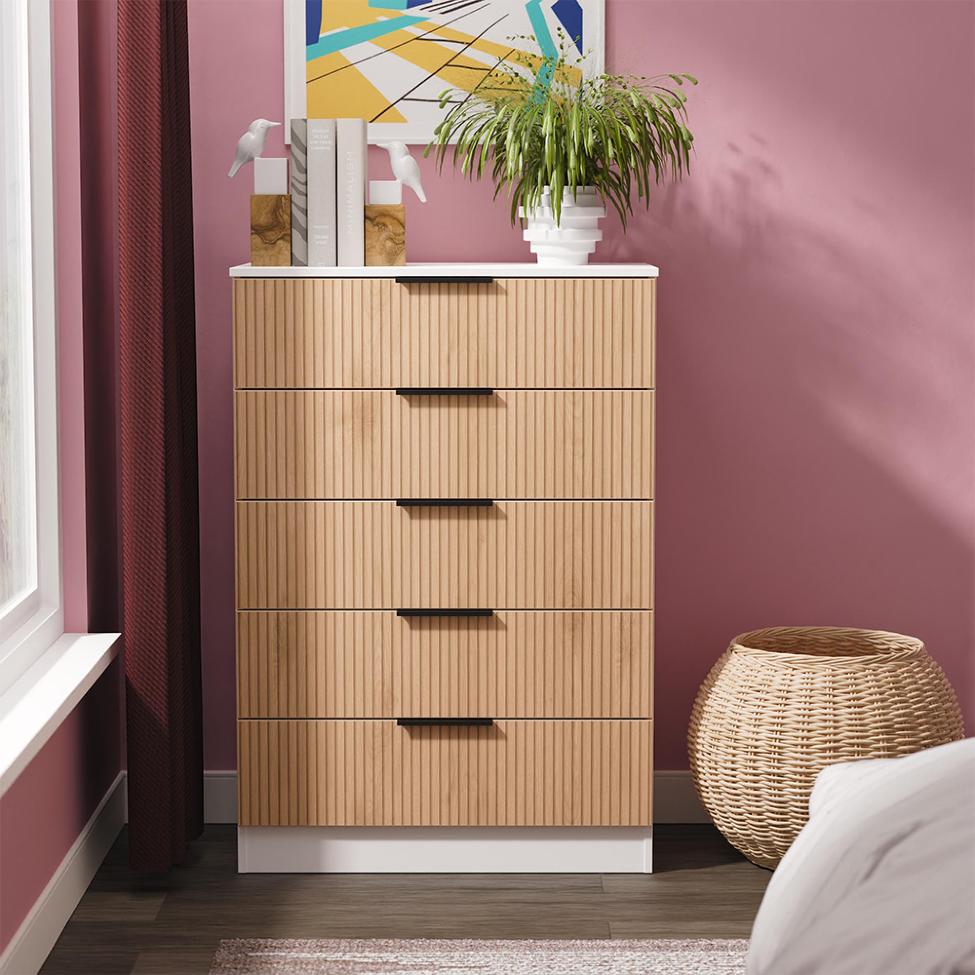 Java Fluted Chest - 5 Drawer - Wide - Natural and White