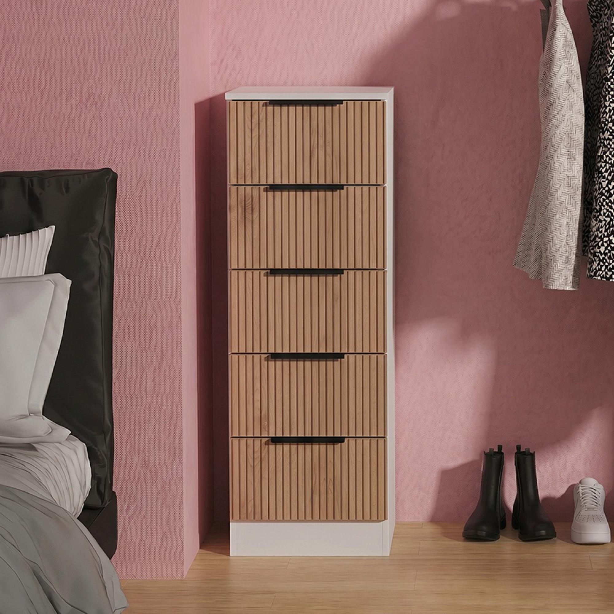 Java Fluted Chest - 5 Drawer - Narrow - Natural and White