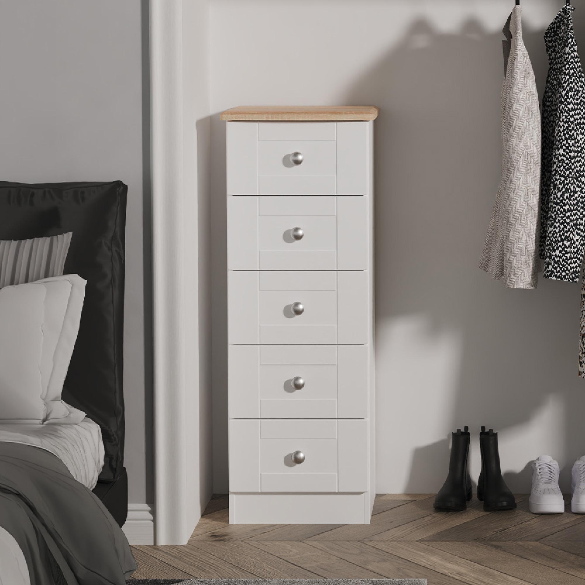 Sussex Narrow Chest - 5 Drawer - White and Oak