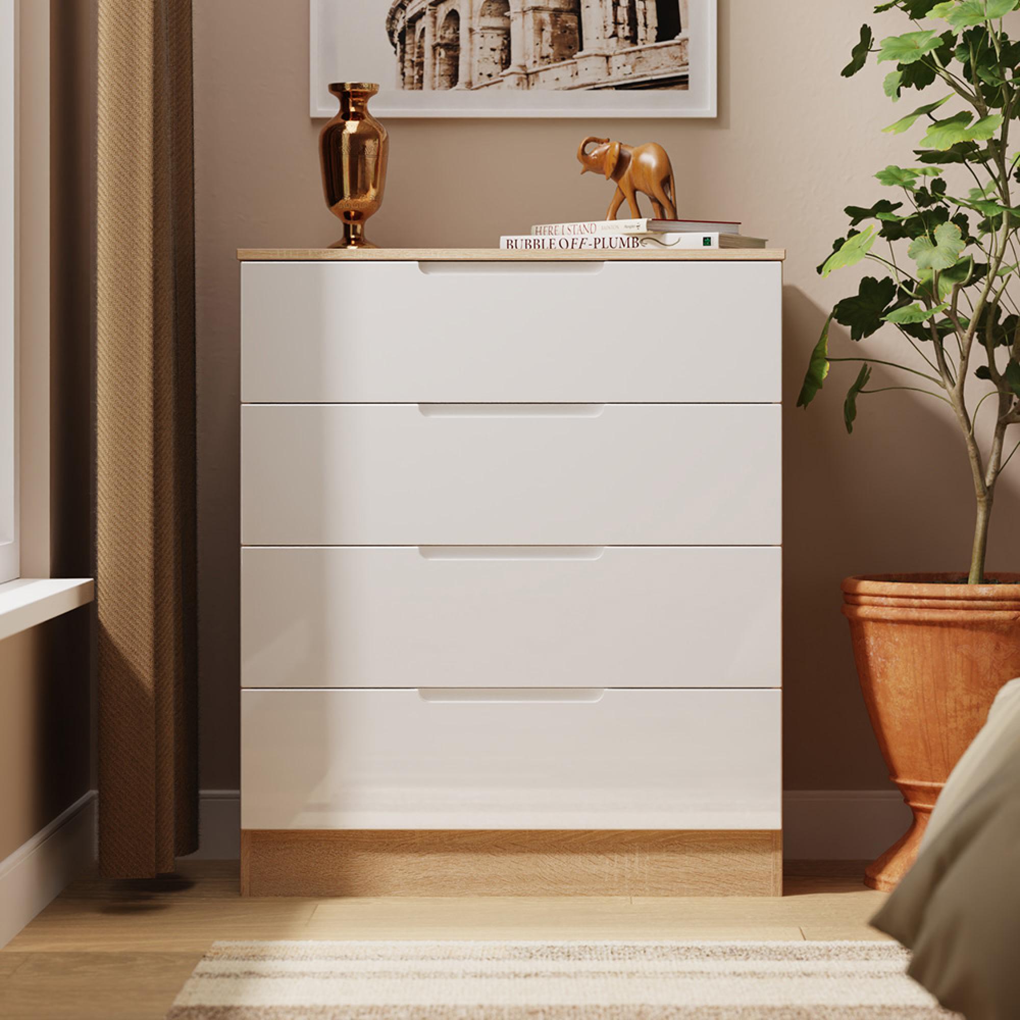Milan Chest - 4 Drawer - White Gloss and Oak