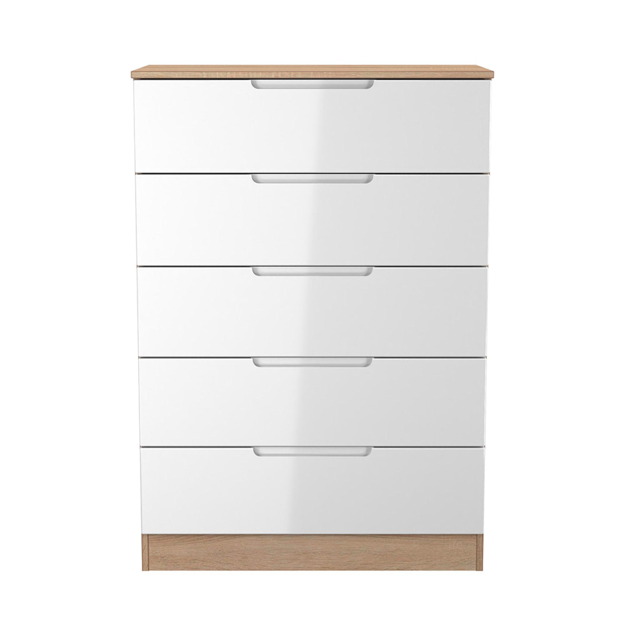 Milan Chest - 5 Drawer - White Gloss and Oak