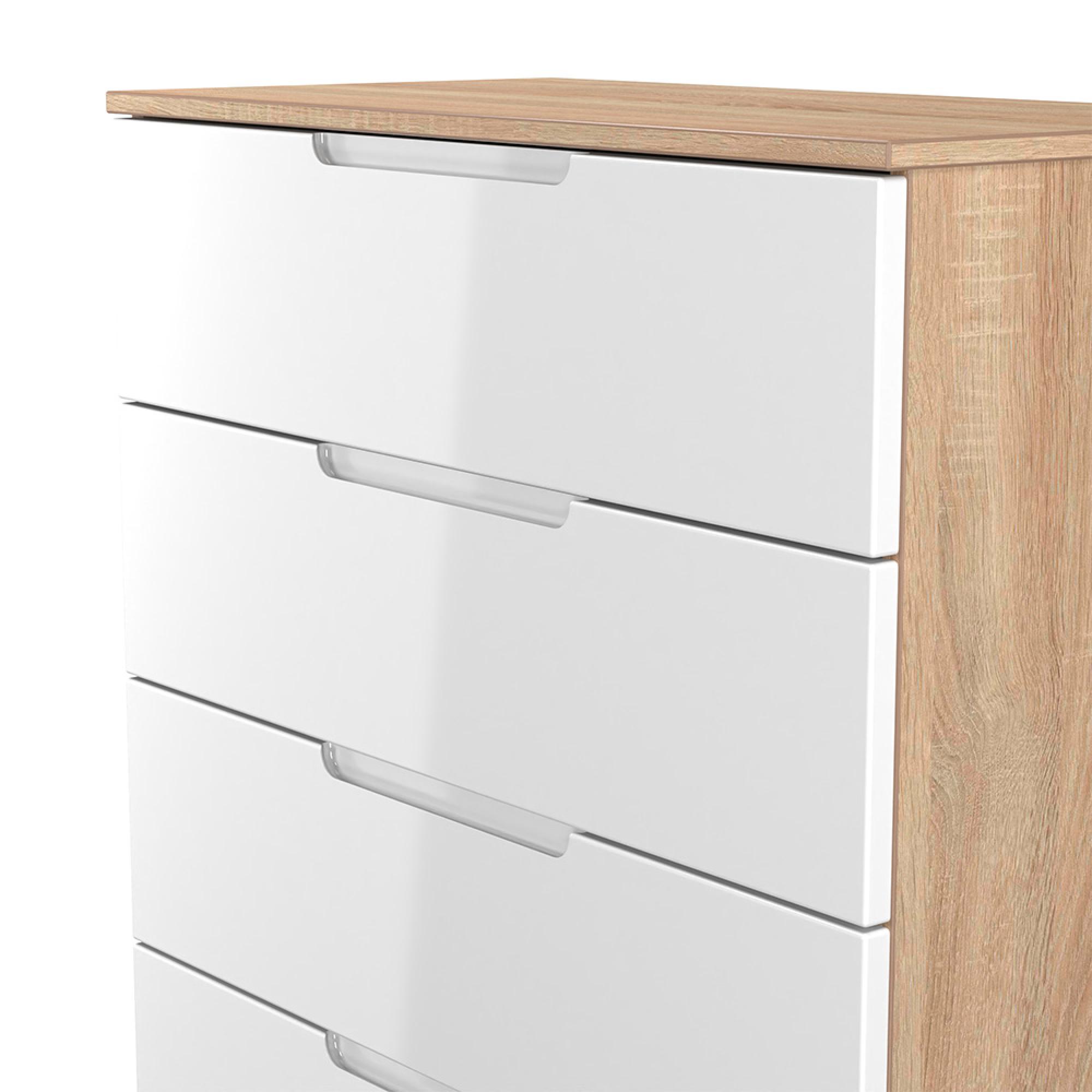 Milan Chest - 5 Drawer - White Gloss and Oak