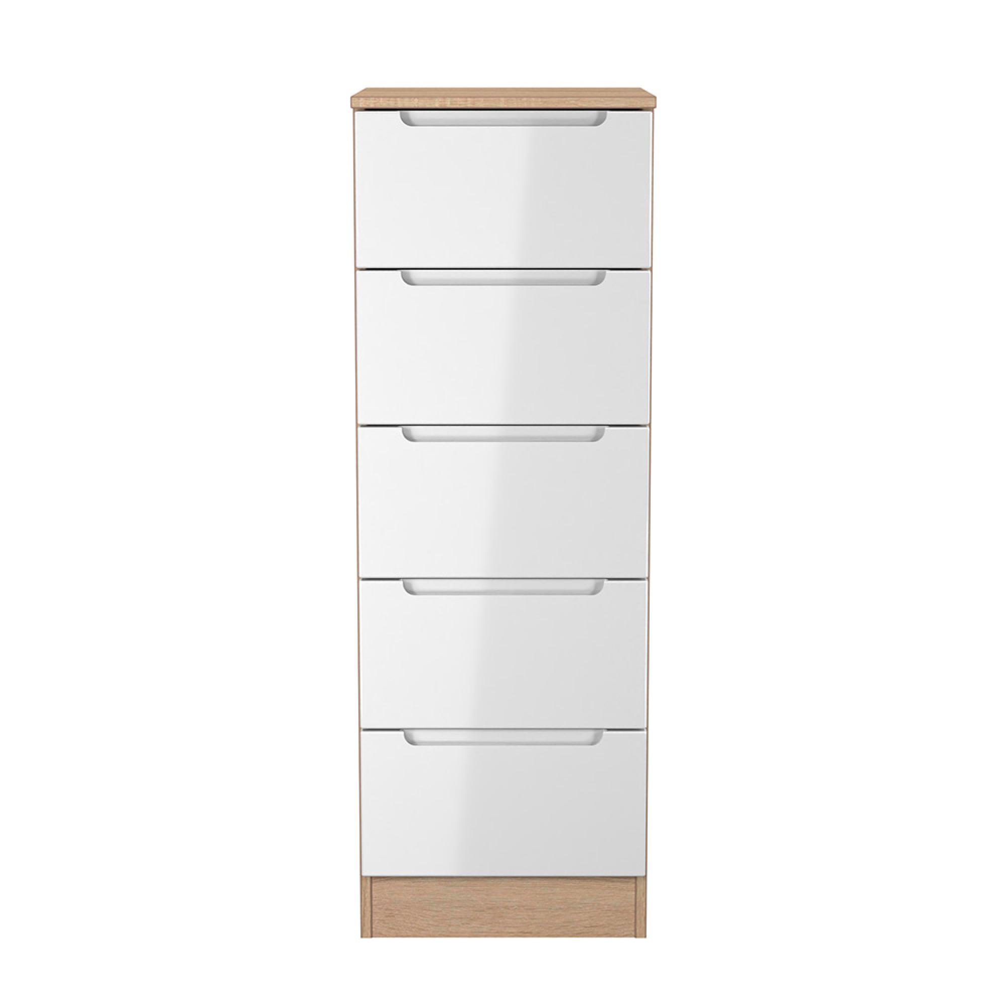 Milan Chest - Narrow - 5 Drawer - White Gloss and Oak