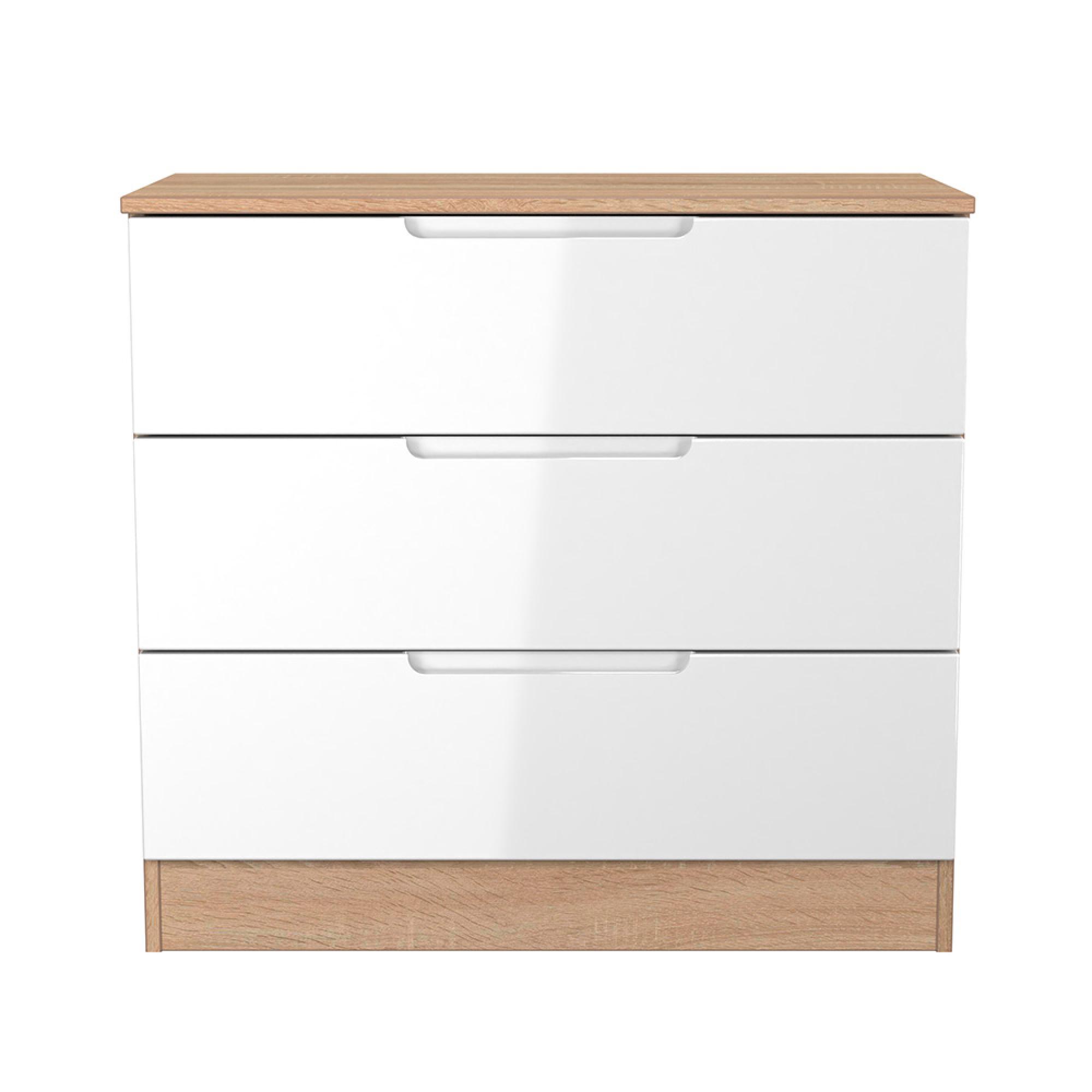 Milan Chest - Small - 3 Drawer - White Gloss and Oak