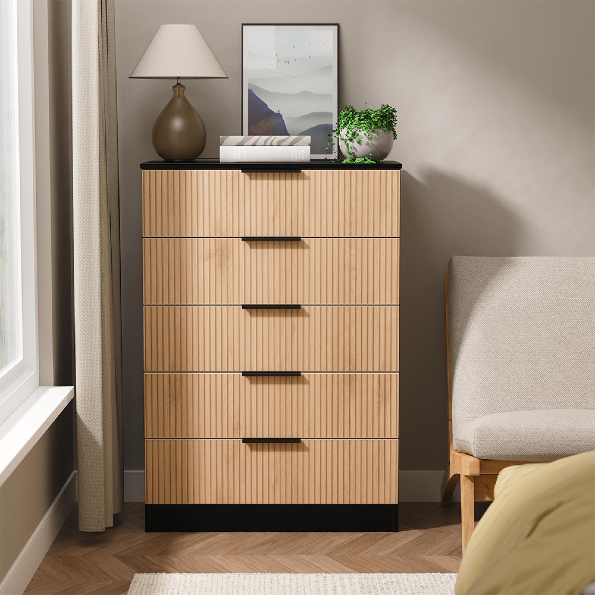 Java Fluted Chest - 5 Drawer - Wide - Natural and Black