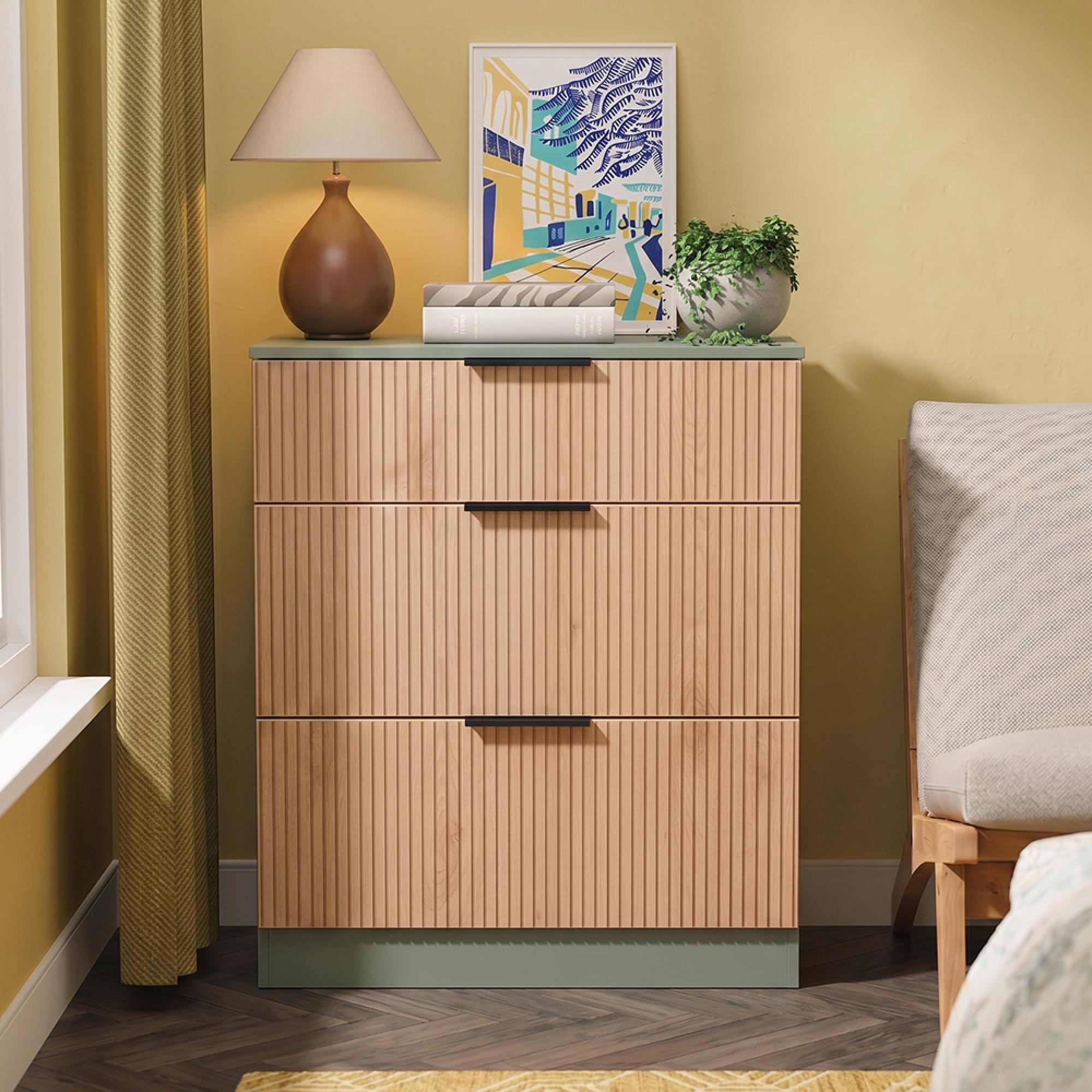 Java Fluted Chest - 3 Drawer - Deep - Natural and Reed Green